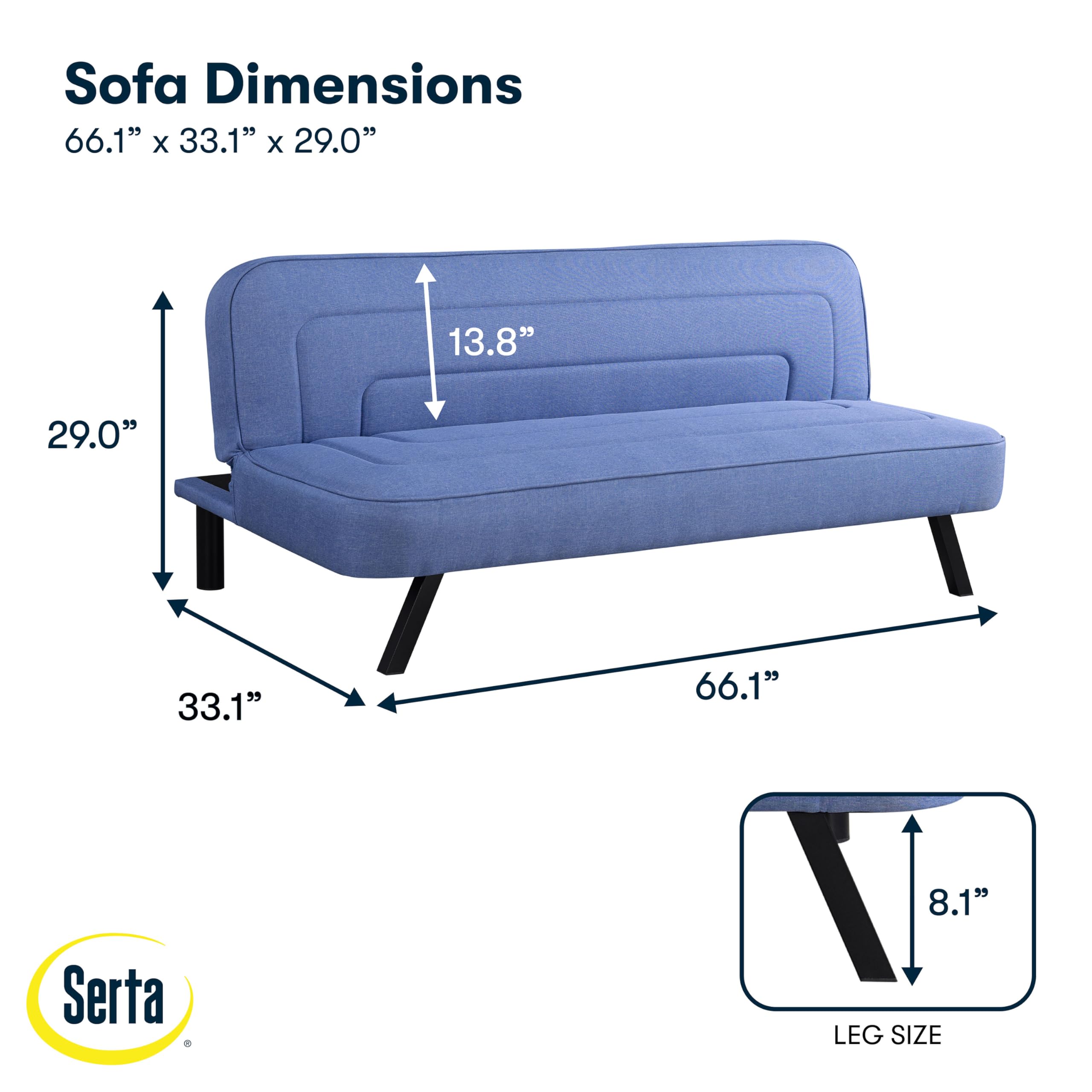 Serta Fairwood 66.1" Convertible Futon Sofa, Short Twin Size, Modern Boho, Dream Coil Comfort, Fingerguard Pinch Point Protection, Soft Woven Polyester Fabric, Blue