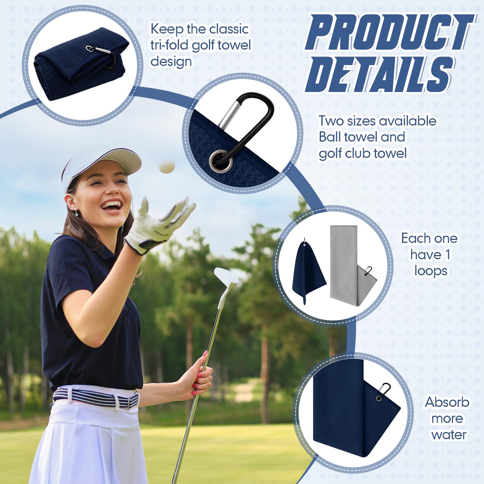 Hahafelt Juego de 6 toallas de golf grandes con clip, 24 x 16 pulgadas, 12 x 12 pulgadas, tela de microfibra portátil con patrón de limpieza de gofres, toalla de golf para bolsa, accesorios de club