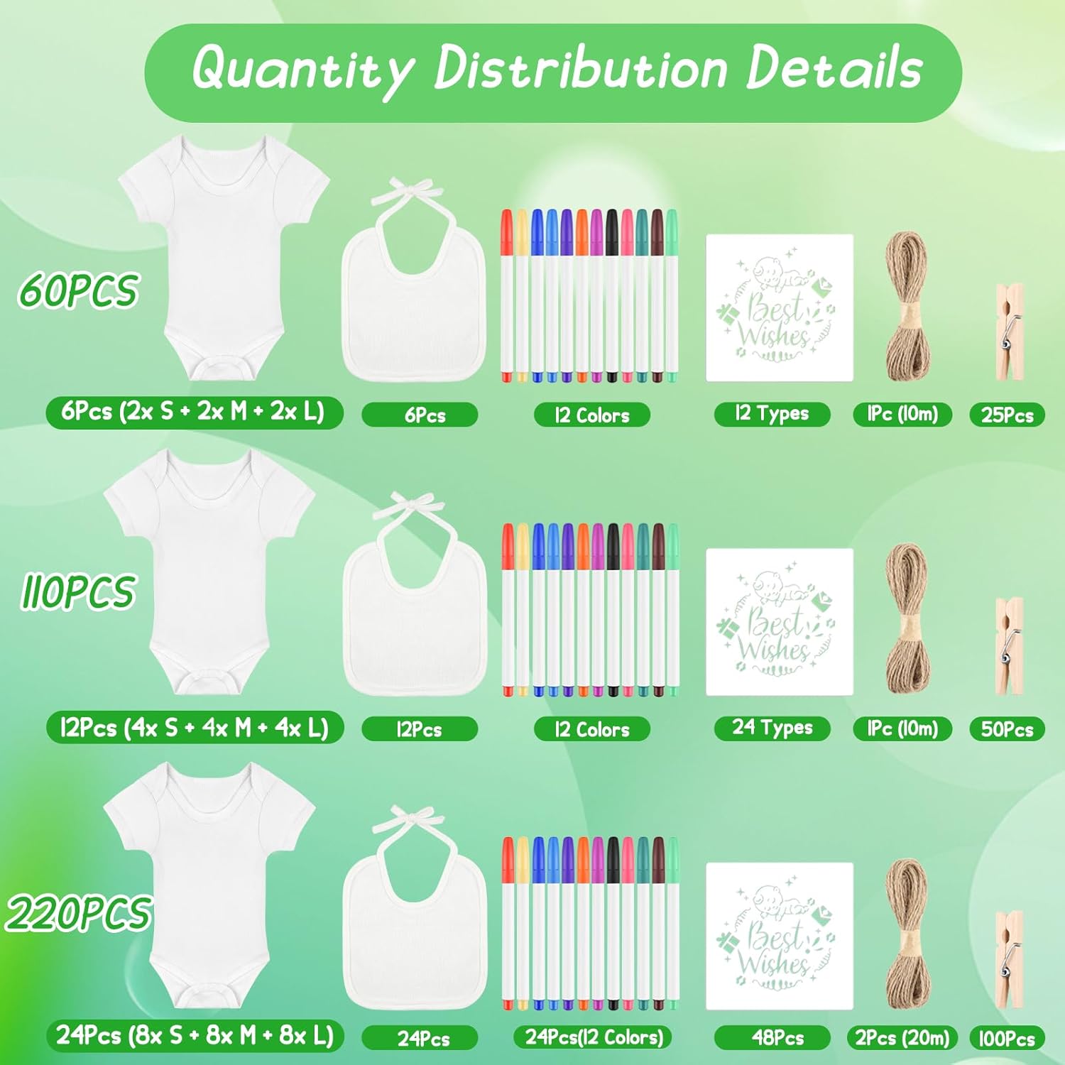 60/110/220 Pcs DIY Baby Bibs Bodysuit Set Baby Shower Game White Baby Bibs White Newborn Bodysuit for Baby Shower