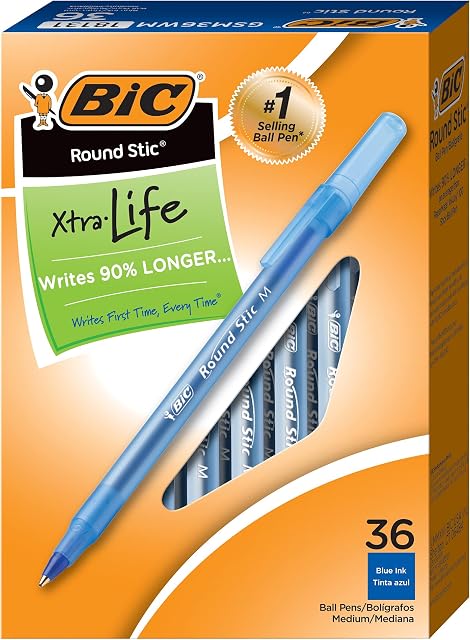Bic Round Stic Xtra Life Blue Ballpoint Pens, Medium Point (1.0mm), 36-Count Pack of Bulk Pens, Flexible Round Barrel for Writing Comfort, No. 1 Selling Ballpoint Pens