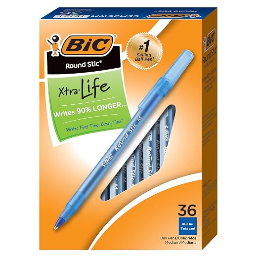 BIC Round Stic Xtra Life Ballpoint Pen, Medium Point (1.0mm), Blue, Flexible Round Barrel For Writing Comfort, 36-Count (Paco of 6, 316 Count Total)