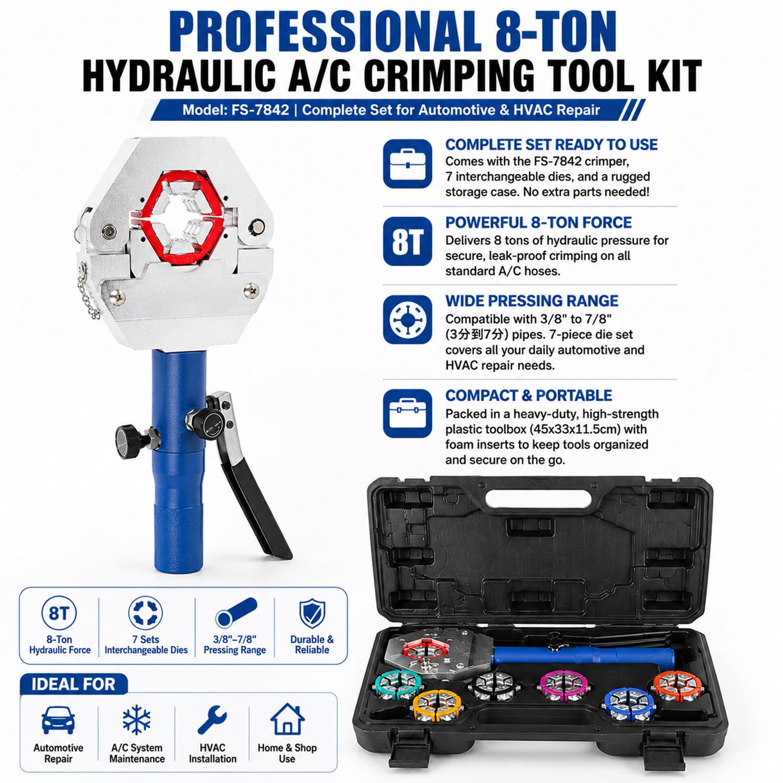 Prensa Multicapa hidráulica 8T Manual, Kit portátil, Cabeza Abierta 360°, 7 Matrices Coloridas, para tuberías de A/C automotriz y Sistemas multidisciplinares.