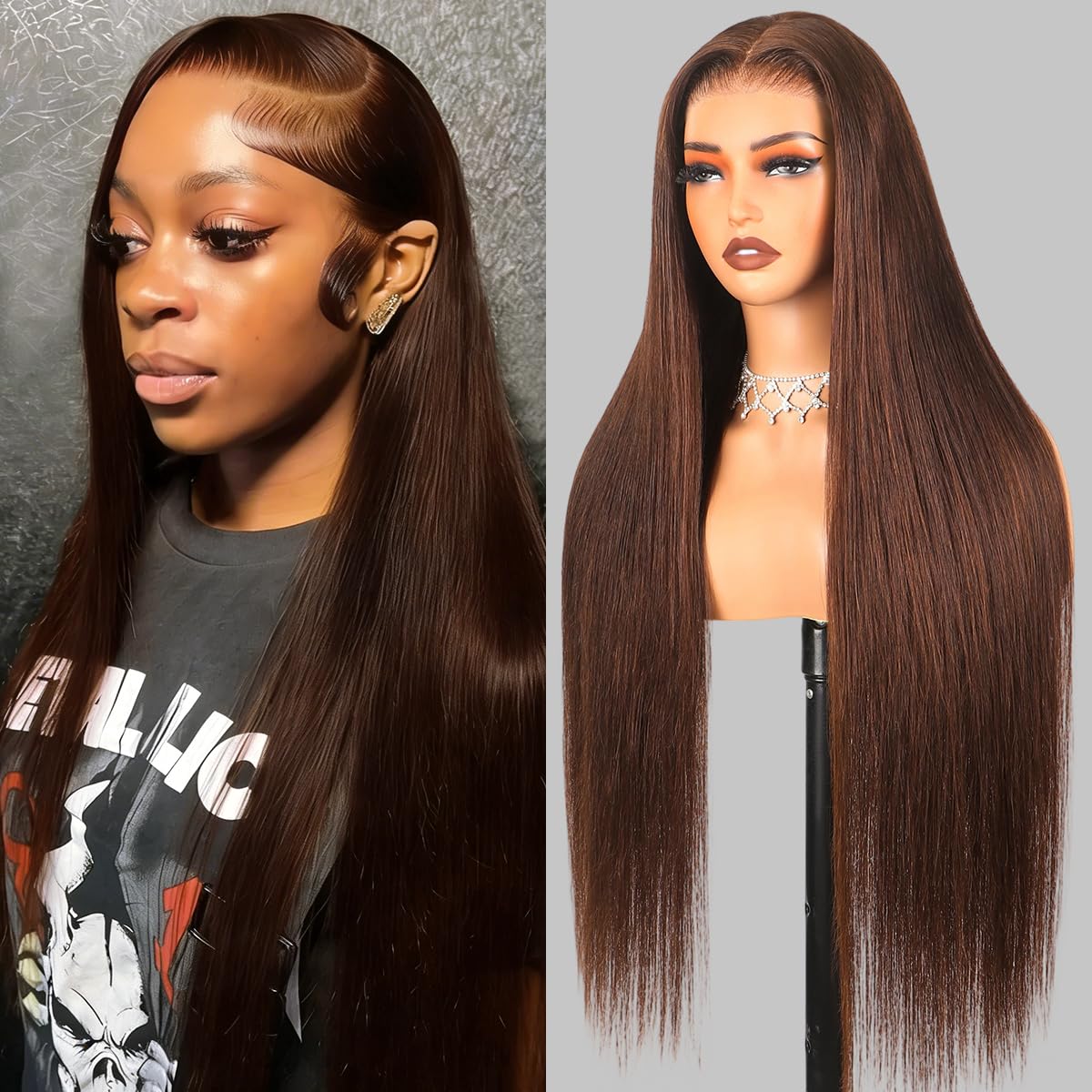 Arabella 6X5 Chocolate Brown Lace Front Wig 220% Density 4# Straight Brown Wig Human Hair 12A Salon-Quality Real Pre Bleached Knots Glueless Wigs