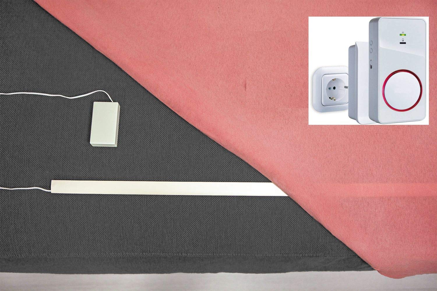 Funk-Bettkantensensor - Pflegehilfe - mit Akku Funkempfänger Netz und Mobil - 60cm x 22mm x 2mm - Demenz Sturzprävention - Bettkantenalarm