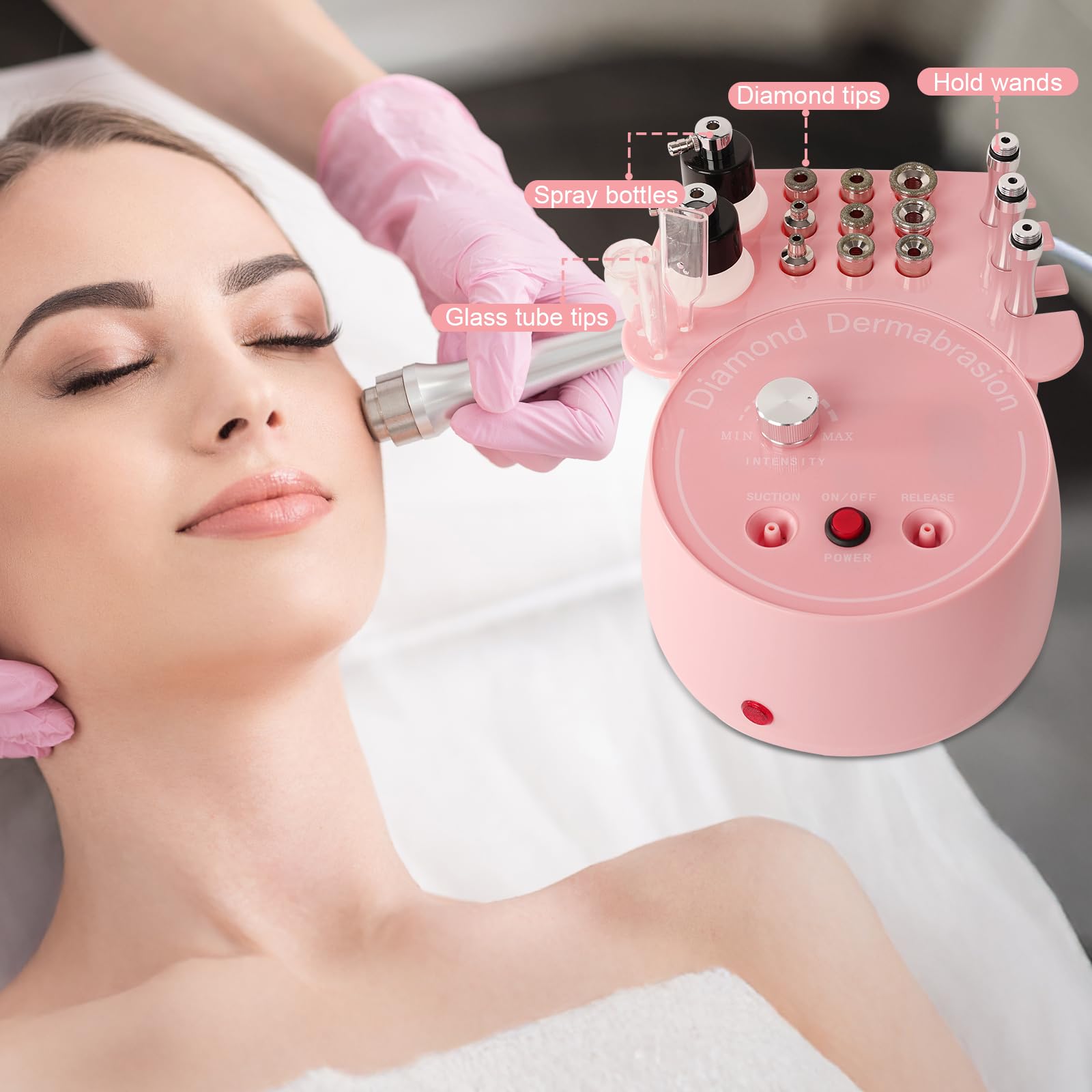 3 in 1 Dispositivo di dermoabrasione professionale, barra magica speciale per centri estetici, flaconi spray, tubi di vetro sottovuoto e altre attrezzature professionali per (Rosa)