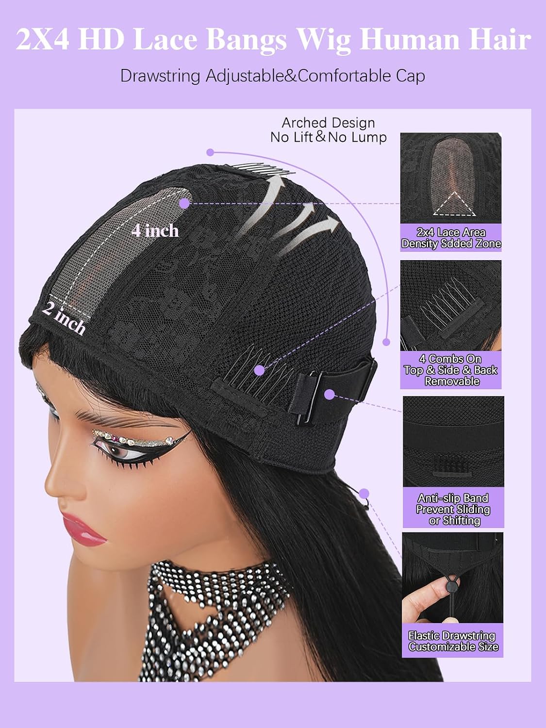 Nvnvdij Body Wave Human Hair Wig With Bangs 2x4 Lace Closure Wig with Drawstring Beginner Friendly Glueless Wear and Go Human Hair Wig for Black Women Natural Black 14 Inch image 5