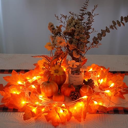 Miniatura 7 de YEGUO 4 paquetes de decoraciones de otoño para el hogar, luces de Acción de Gracias, funciona con pilas, total de 40 pies, 80 luces LED, guirnalda