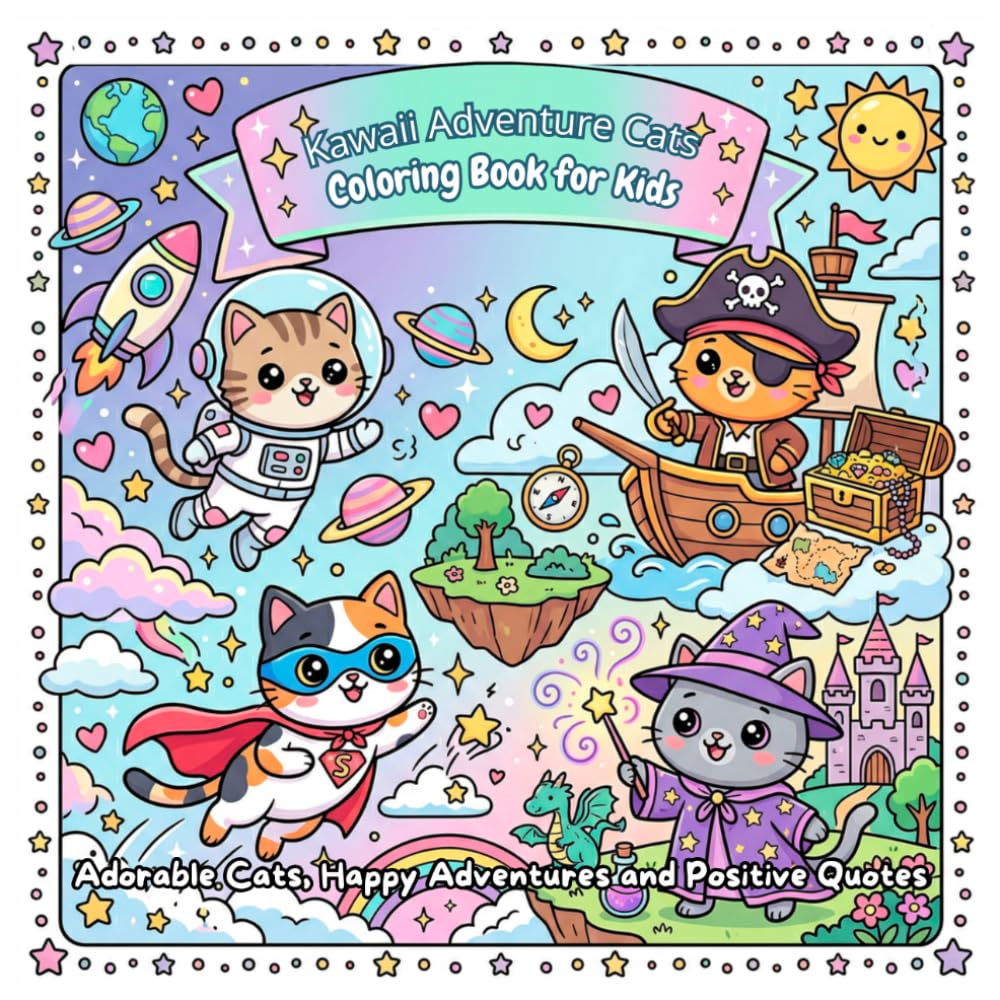 Kawaii Adventure Cats Coloring Book for Kids: 50 Cute Kawaii Kitten Adventures to Color | Space Cats, Pirate Cats, Magic Cats and Fun Scenes for Kids Ages 4–8
