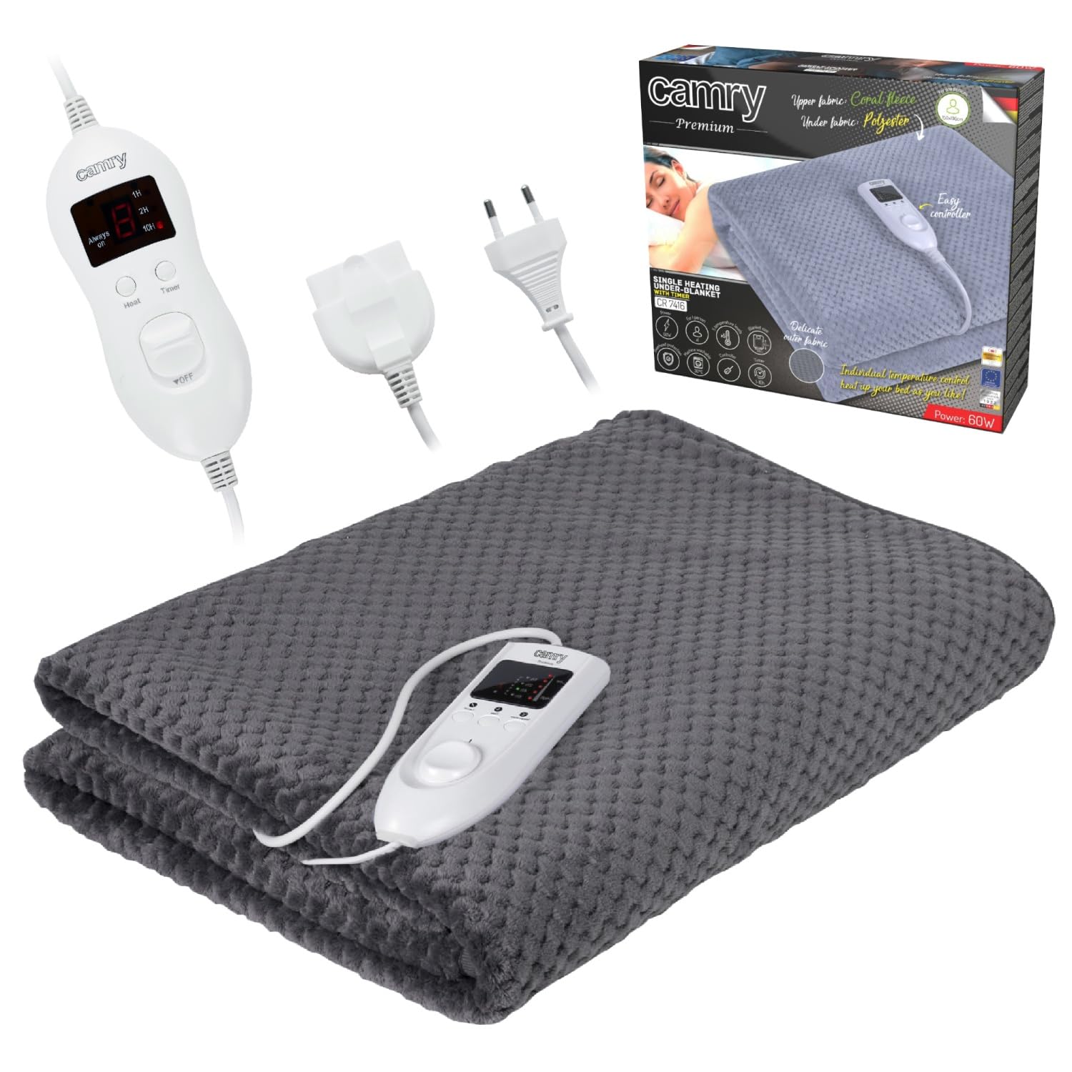 Camry CR-7416 Elektrische Bettheizung, 60 W, 8 Temperaturstufen, Timer, waschbar, 150 x 100 cm, Überhitzungsschutz, Fleece, Grau, 150 x 100 cm
