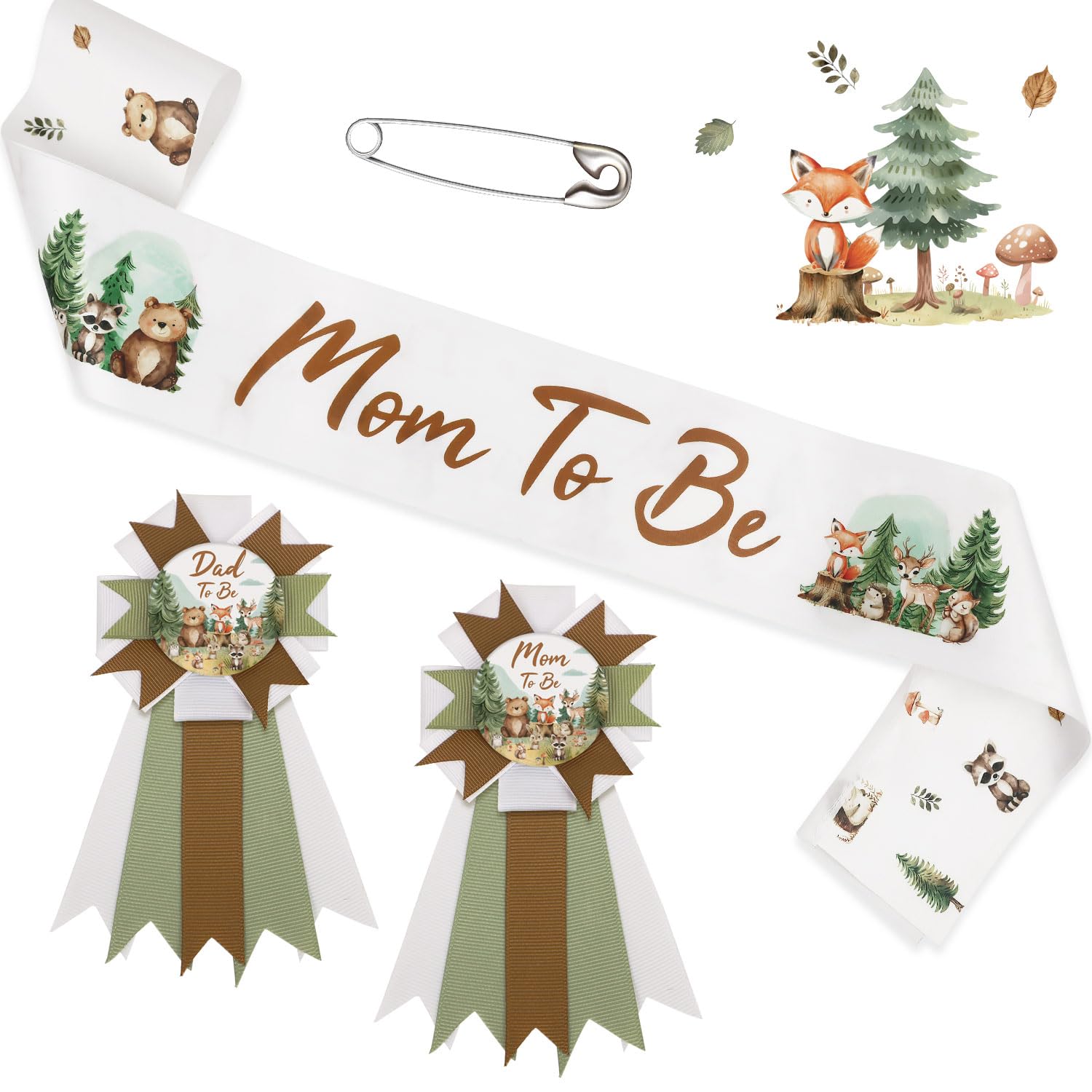 Woodland - Juego de ramilletes para baby shower, diseño de mamá a ser y papá para ser, banda neutral para baby shower, regalo para mamá embarazada, decoración de fiesta
