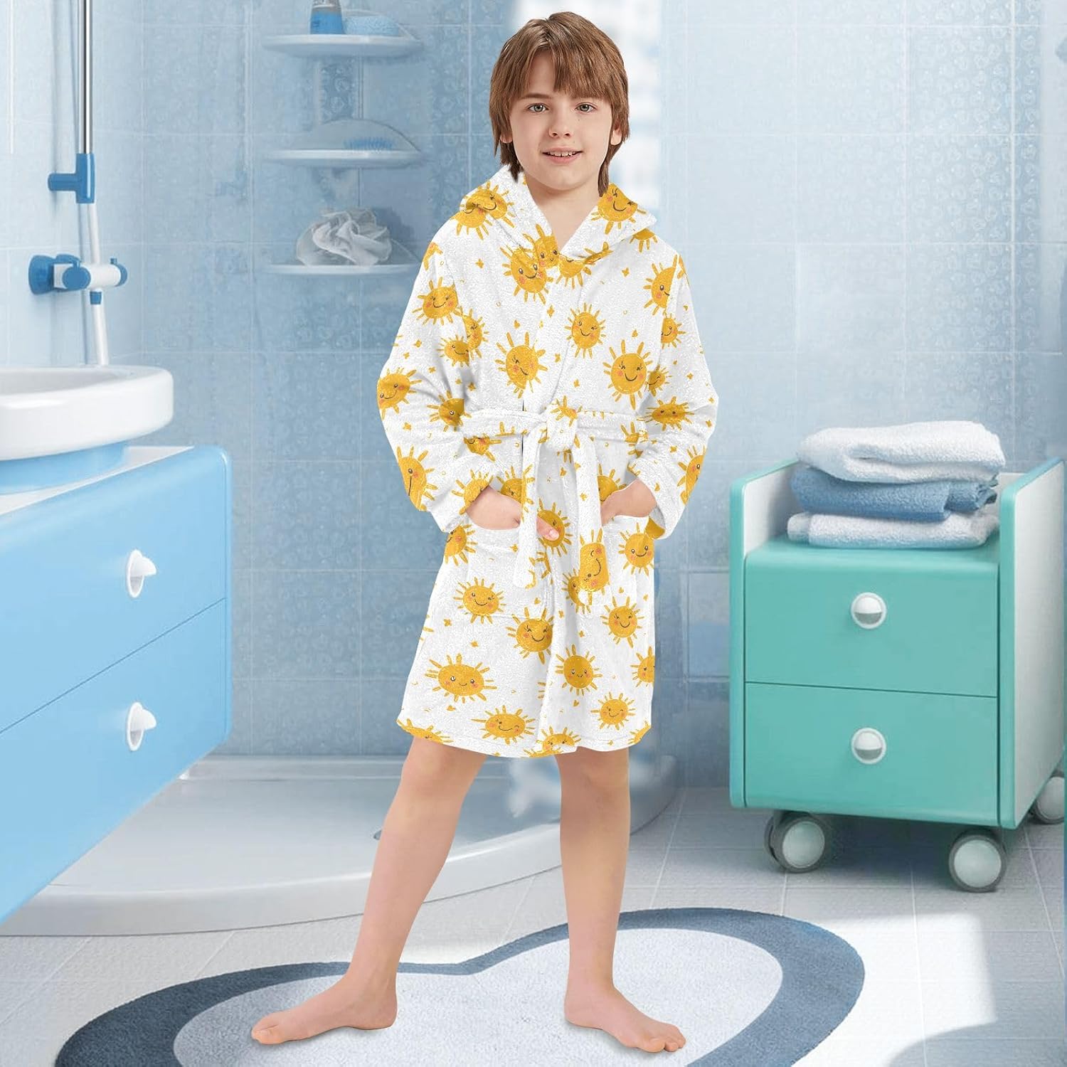 Sun Cute Prints Toddler Hooded Bathrobe for Boys Girls Soft Plush Bath Towel Robe 2-12 Years