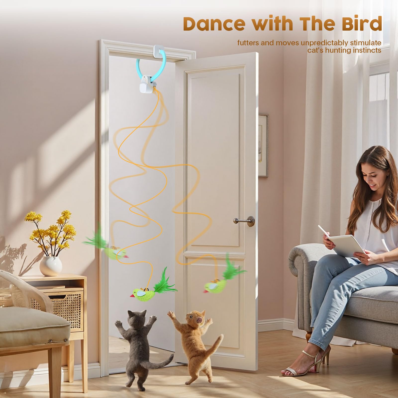 Interaktives Katzenspielzeug für Indoor-Katzen: Automatischer fliegender Vogel-Federstab, Jagd, Übung, Anreicherung, Stimulation, USB-wiederaufladbar, langlebig, sicheres Hängespielzeug für