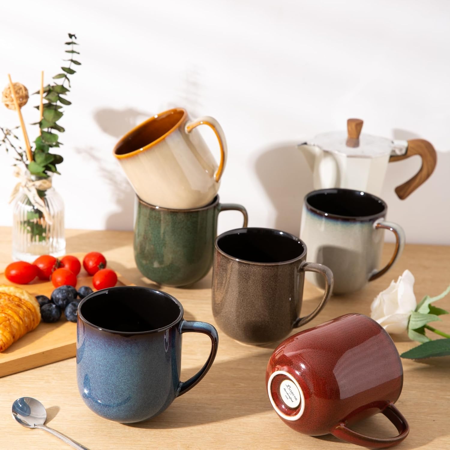 Ceramiczne kubki do kawy, zestaw 6 sztuk, 350 ml, porcelanowe kubki do kawy z dużym uchwytem, do latte, cappuccino, mleka, kakao, zmywarki i kuchenki mikrofalowej