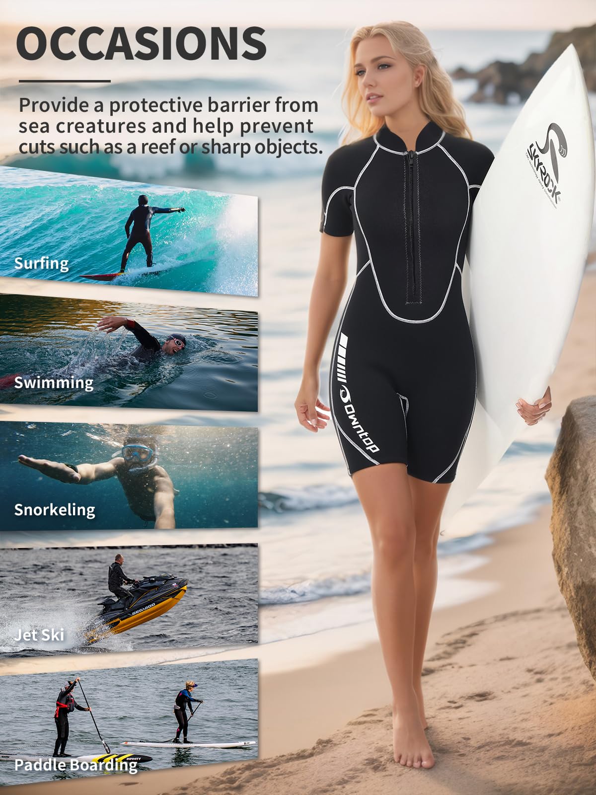 Owntop Combinaison shorty en néoprène 3/2 mm pour homme/femme - Fermeture éclair à l'avant - Pour la plongée, le surf, le surf - Manches courtes - En néoprène stretch - Pour sports nautiques