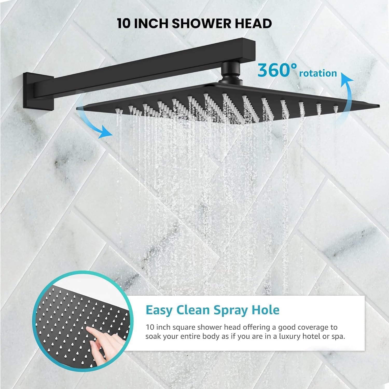 Grifo Ducha Negra Empotrada, Acero Inoxidable 304, 10 Pulgadas | 360° Duchas de Bano, Rociador Efecto Lluvia, Ajuste de Agua Fría y Caliente, Conjunto Grifo Duchas de Alta Presión