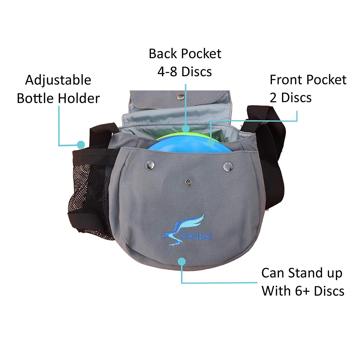 Kestrel Disc Golf bag | Fits 12 dischi + bottiglia | dischi giocatori di golf per principianti e avanzati | estremamente resistente tela | frisbee Disc Golf set borsa | sacca da golf, Grey
