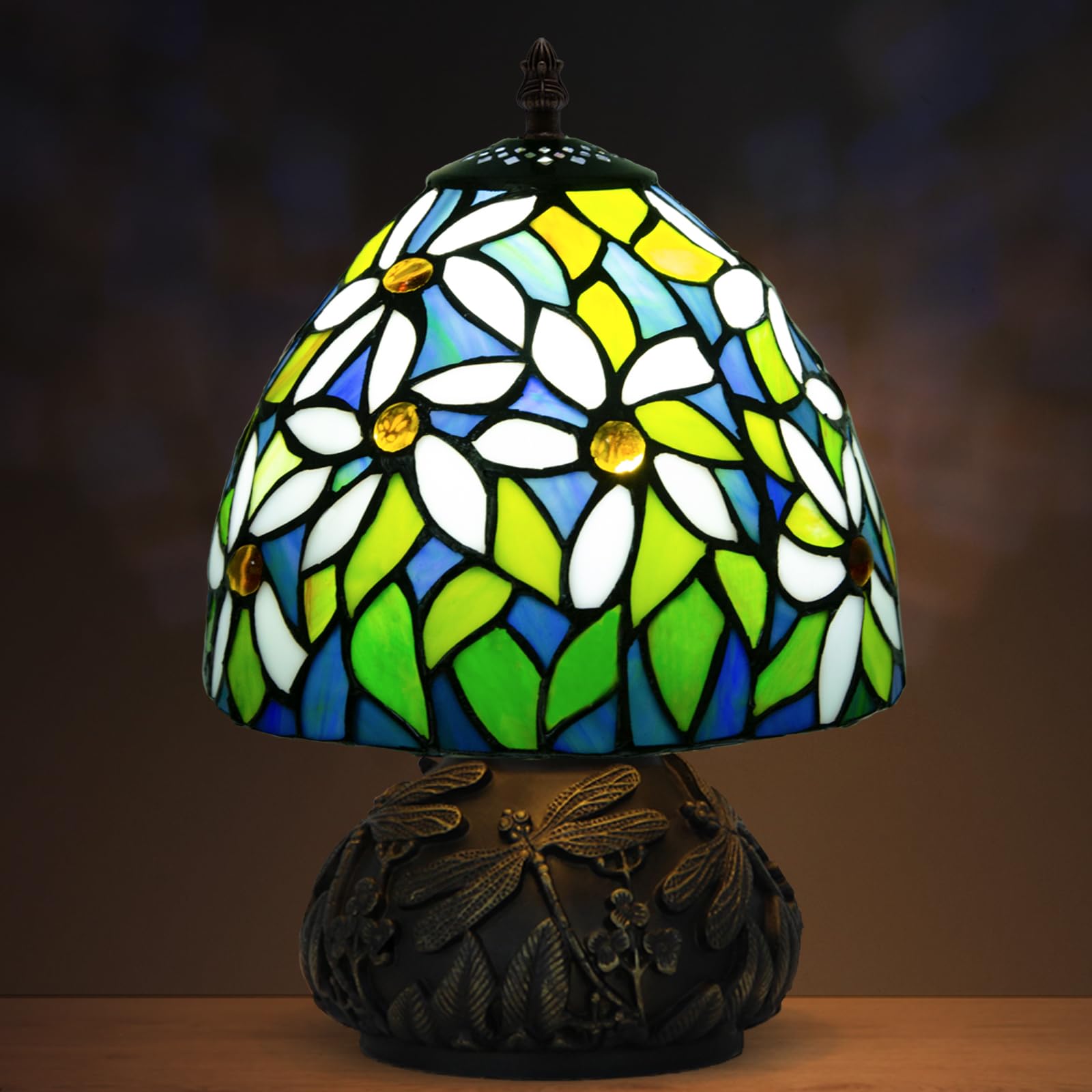 JHuiLapTiffany Style Table Lamp, Handmade Stained Glass Mushroom Small Desk Lamp for Living Room Bedroom Office, E27 LED Bulb Included (White Flower Pattern)