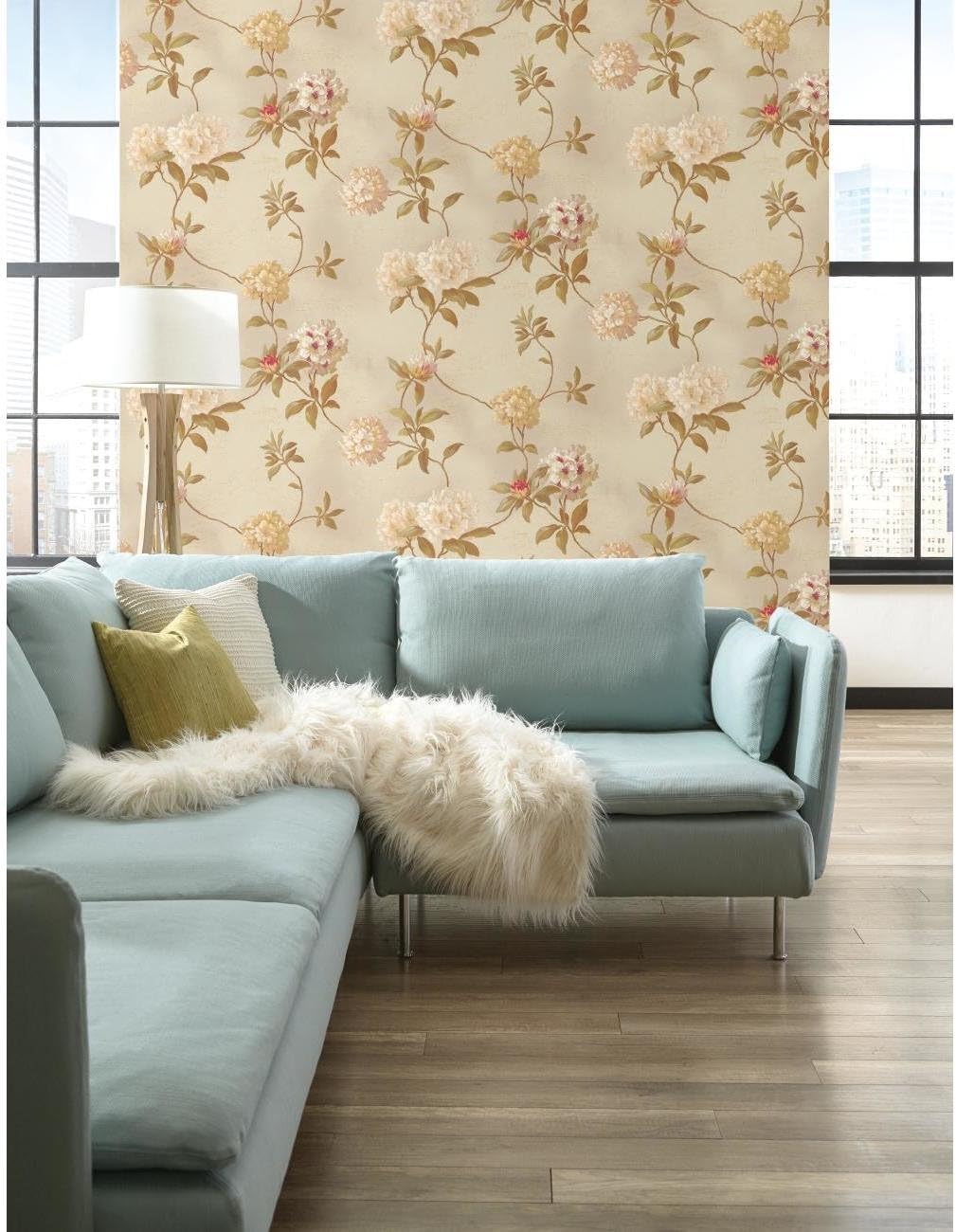 York Wallcoverings Green Book Rhododendron/Script Removable Wallpaper, Spa Green/White/Gold