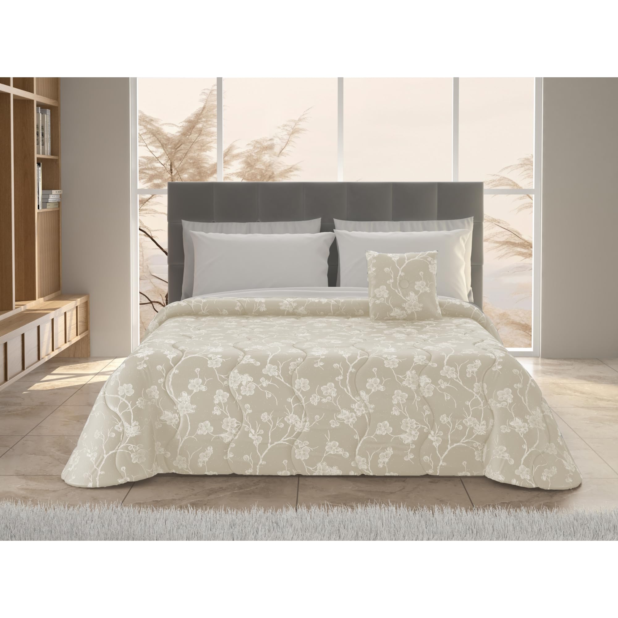 Generico Trapunta Matrimoniale Ragame 260x280 cm con Cuscino Coordinato – Raso Jacquard Morbido e Raffinato, Imbottitura 350 g/m² – Trapunta Invernale Elegante – Prodotto Italiano (Panna)