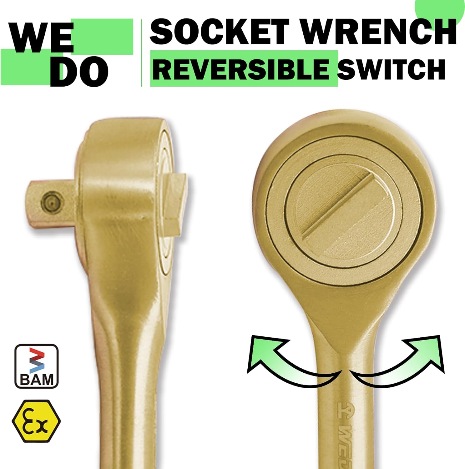WEDO Non-sparking Ratchet Wrench,1/2" Drive,Length 245mm,Ratchet Tooth Quick-Release Reversible,Used for loosening or tightening socket,Aluminum Bronze,DIN Standard,BAM & FM Certificate