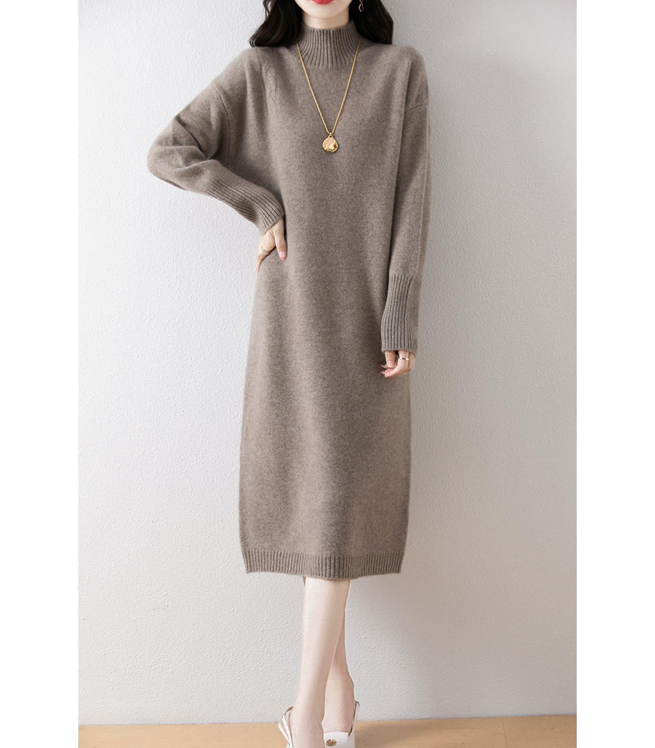 100% lana merino maglione vestito donna collo alto manica lunga spessa pullover autunno inverno maglia lungo top