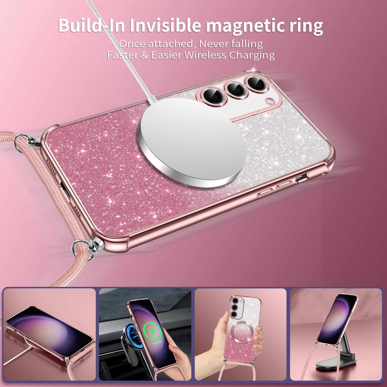 Phoona Etui z łańcuchem na telefon komórkowy do Samsunga Galaxy S23 Plus 5G z paskiem [Kompatybilne z MagSafe], luksusowe etui z błyszczącym powłokiem magnetycznym do Samsunga S23 Plus 5G, ochronne