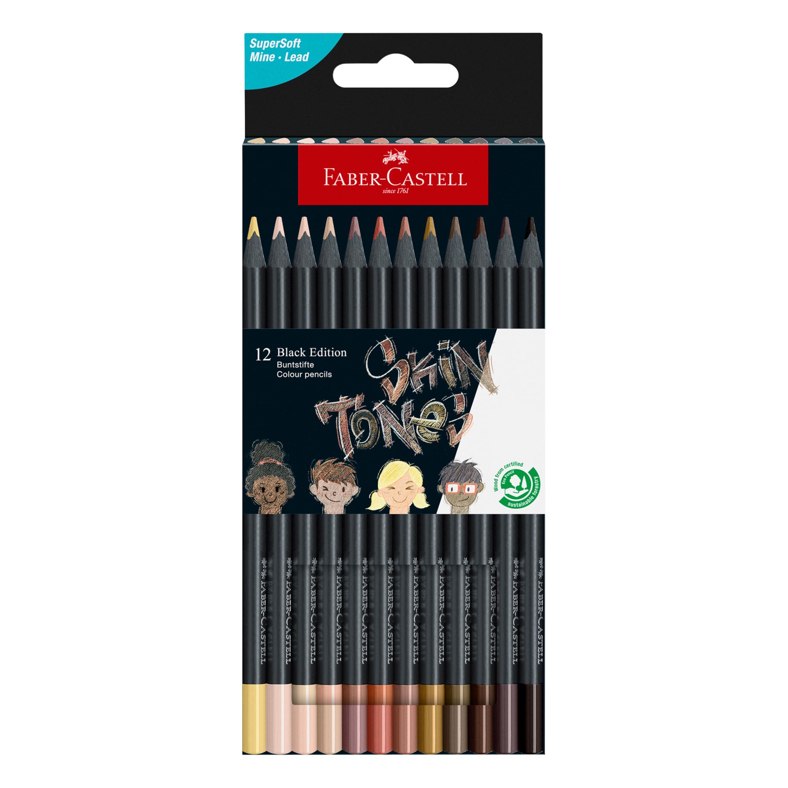 Faber-Castell Black Edition Boya Kalemi 12’li Skin Tones, Siyah Lata, Siyah Kağıda Uyumlu, Ergonomik Üçgen Gövde, Ten Renkleri