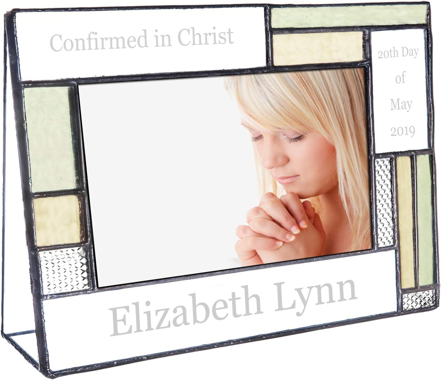 J Devlin Personalized Confirmation Picture Frame - 4x6 Horizontal Stained Glass in Pale Green, Antique Yellow, and Clear