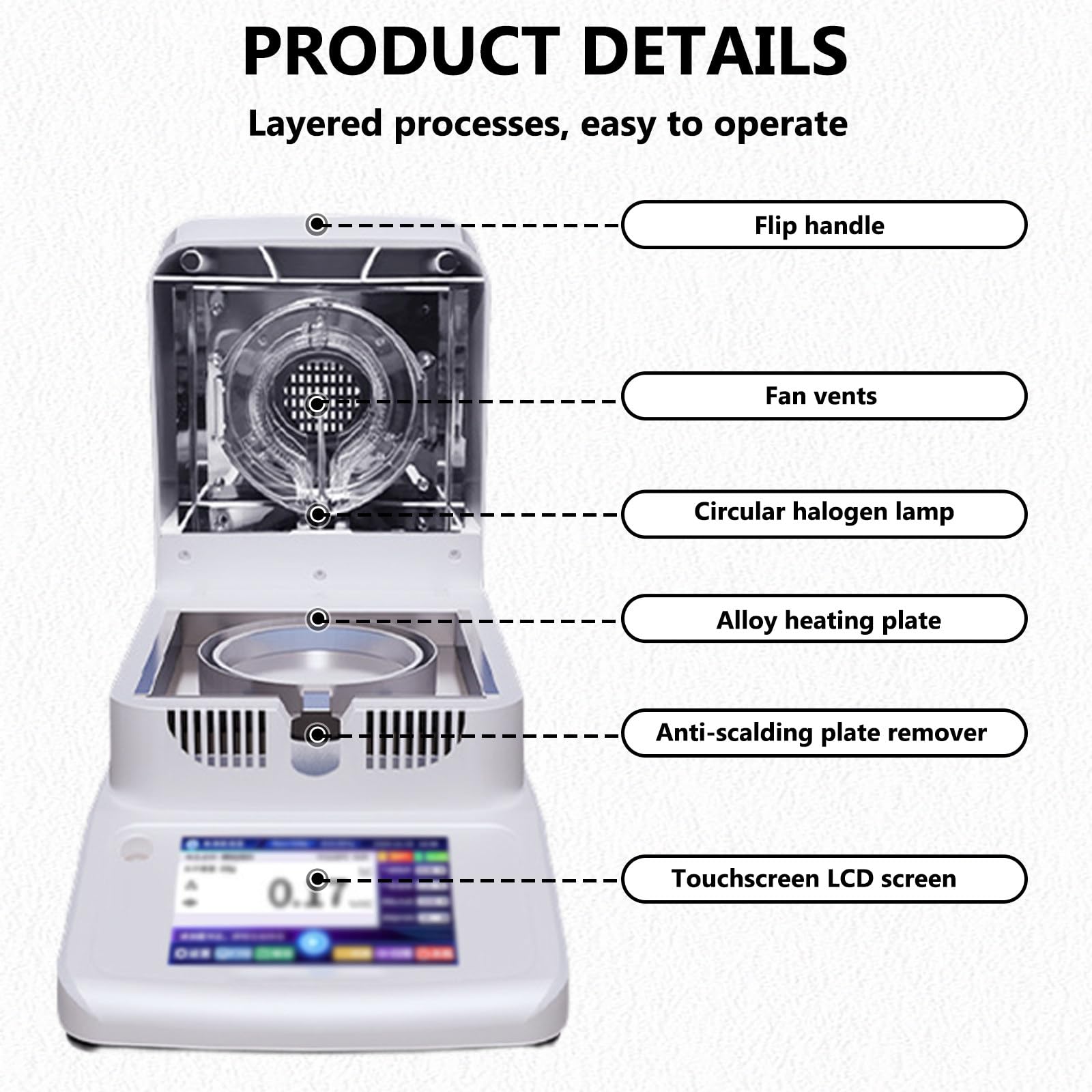 Feuchtigkeitsanalysator, 0,001g Lesbarkeit Touchsn Laborwaage 120g X,001 Gramm, mit 5-Zoll-Touch-LCD-Bildschirm, for Lebensmittel, Tee, Getreide,Lebensmittel 2mg