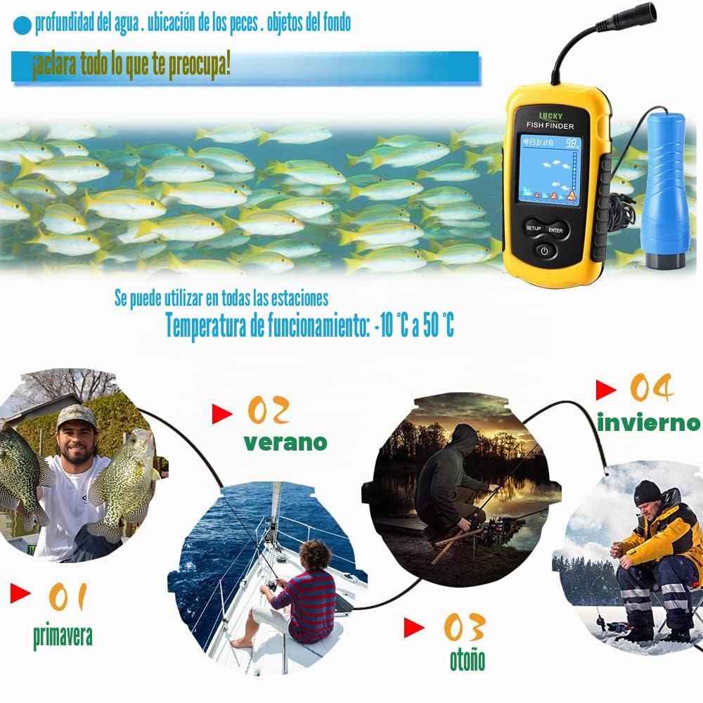 LUCKY Buscador de Peces portátil Dispositivo Detector de Peces Buscador de Profundidad de Mano para Barco Kayak Canoa Pontón Jon Barco Jet ski Tubos de flotación sonda para Pesca en Hielo