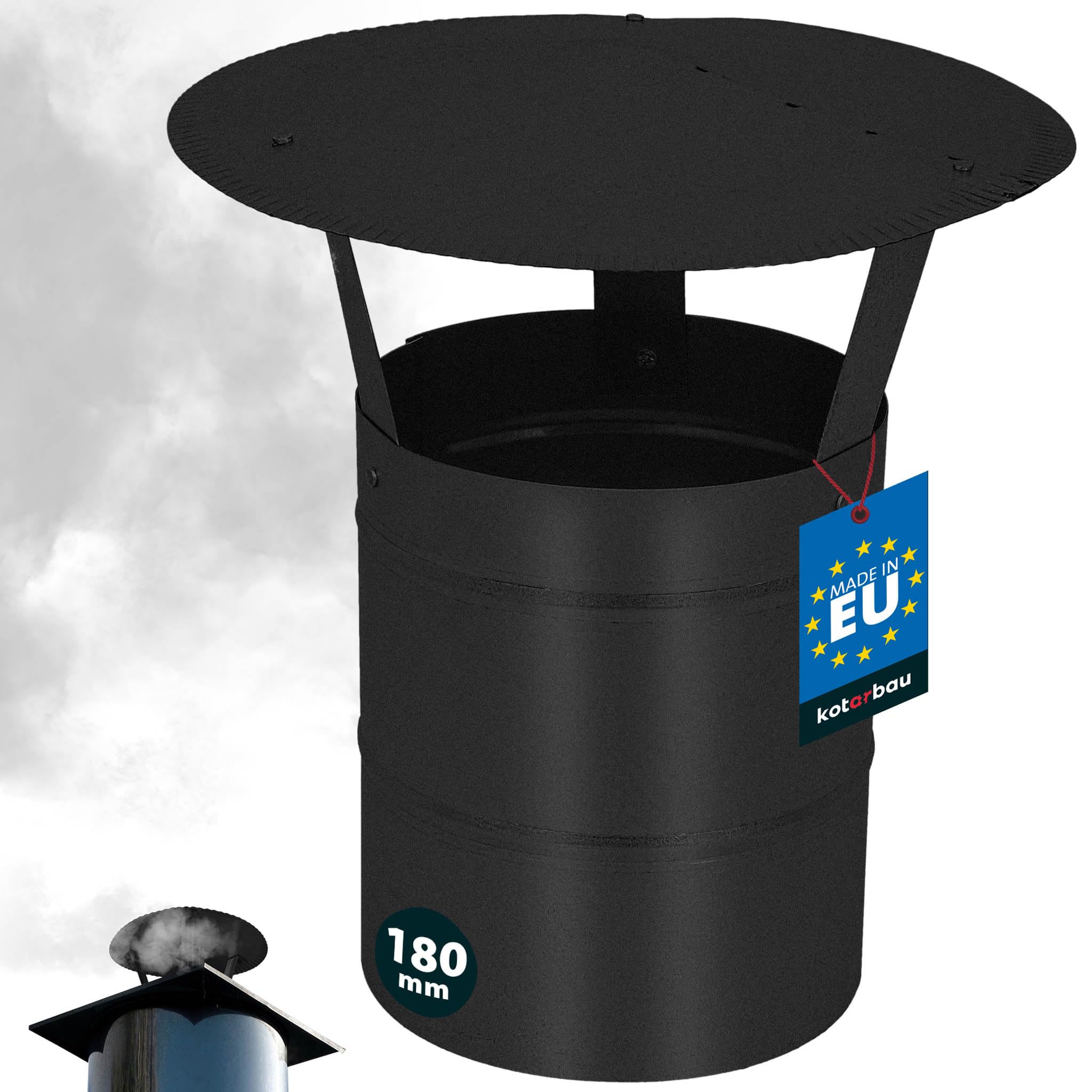KOTARBAU® Chimney Cow - Chimney Cap - Galvanized and Powder-Coated Steel - ø 180 mm (7.09 in) - Black - Flue Rain Cap - Flue Cowl - Rust Resistant - Rain Hat