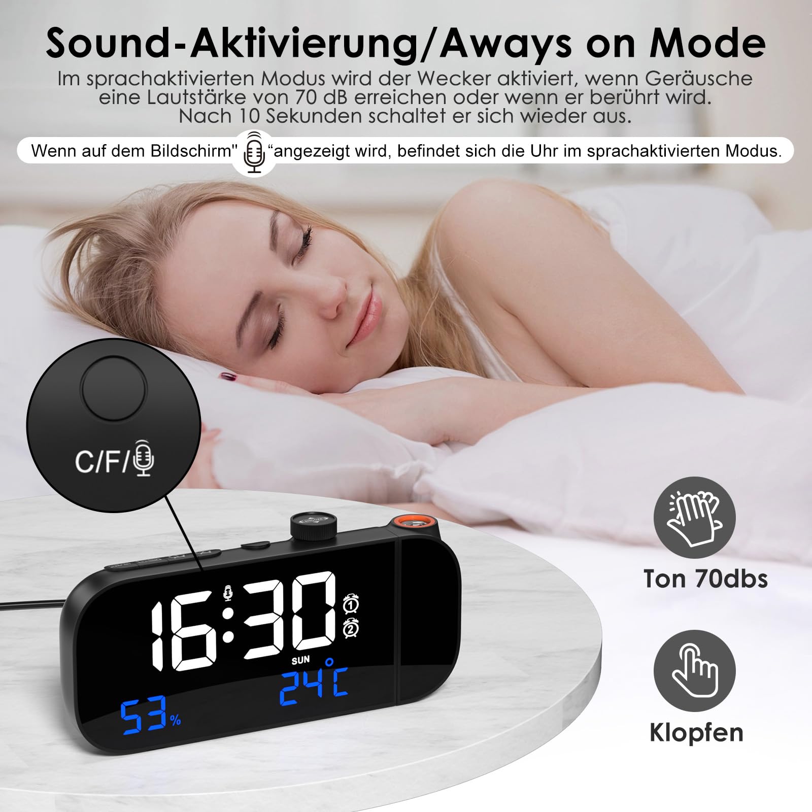 MOSUO Wecker mit Projektion, Radiowecker mit Temperatur und Luftfeuchtigkeit, Digital Projektionswecker, Lauter Digitaler Wecker für Schlafzimmer, mit 2 Weckzeiten, Sprachaktiviert, Dimmer, 7 Musik