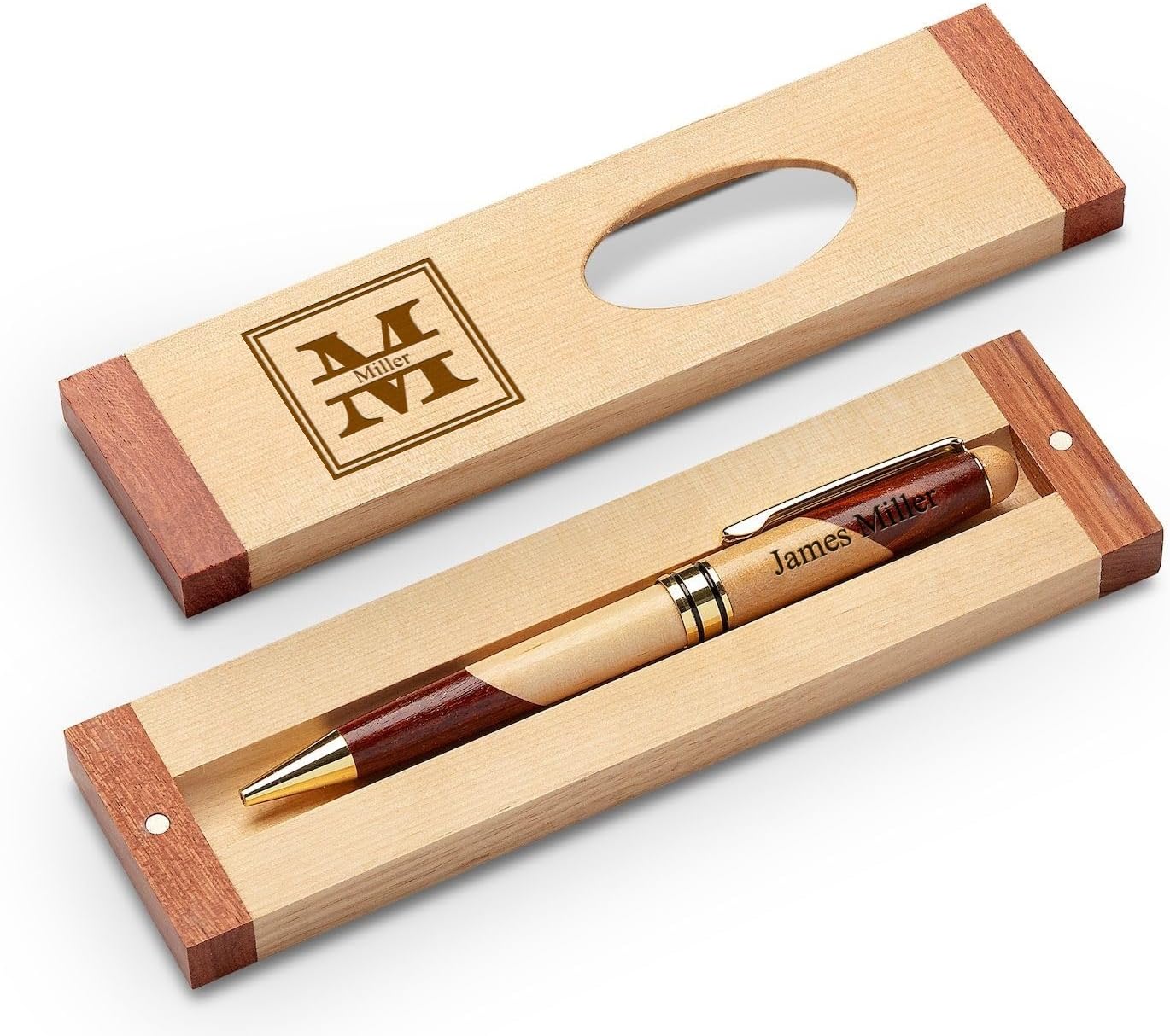 Executive Gift Shoppe | Split Monogram Theme Personalized Maple & Rosewood Engraved Pen and Box