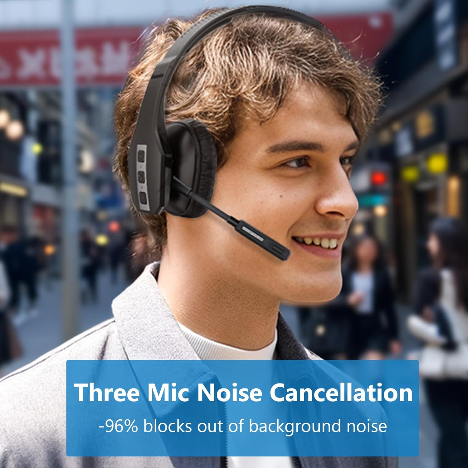 User wearing Conambo JBT600 headset with noise cancellation feature highlighted