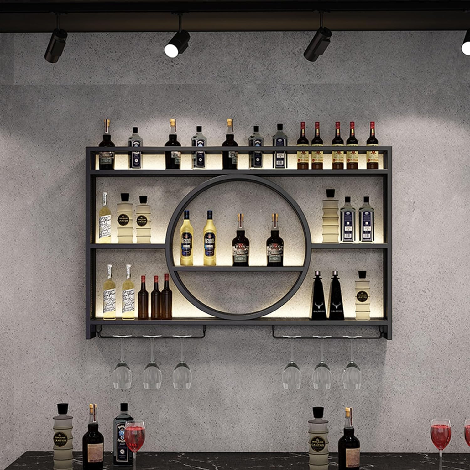 Estantería industrial para vino montada en la pared, soporte flotante para exhibición de vino con LED y rayas de sombreado, estantería multifuncional para el hogar, restaurante, bares (Black, 120CM)