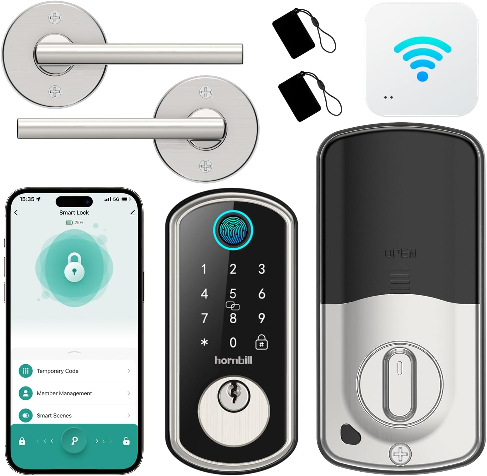 WiFi Smart Door Lock Set: Hornbill Silver Keyless Entry Door Lock ...