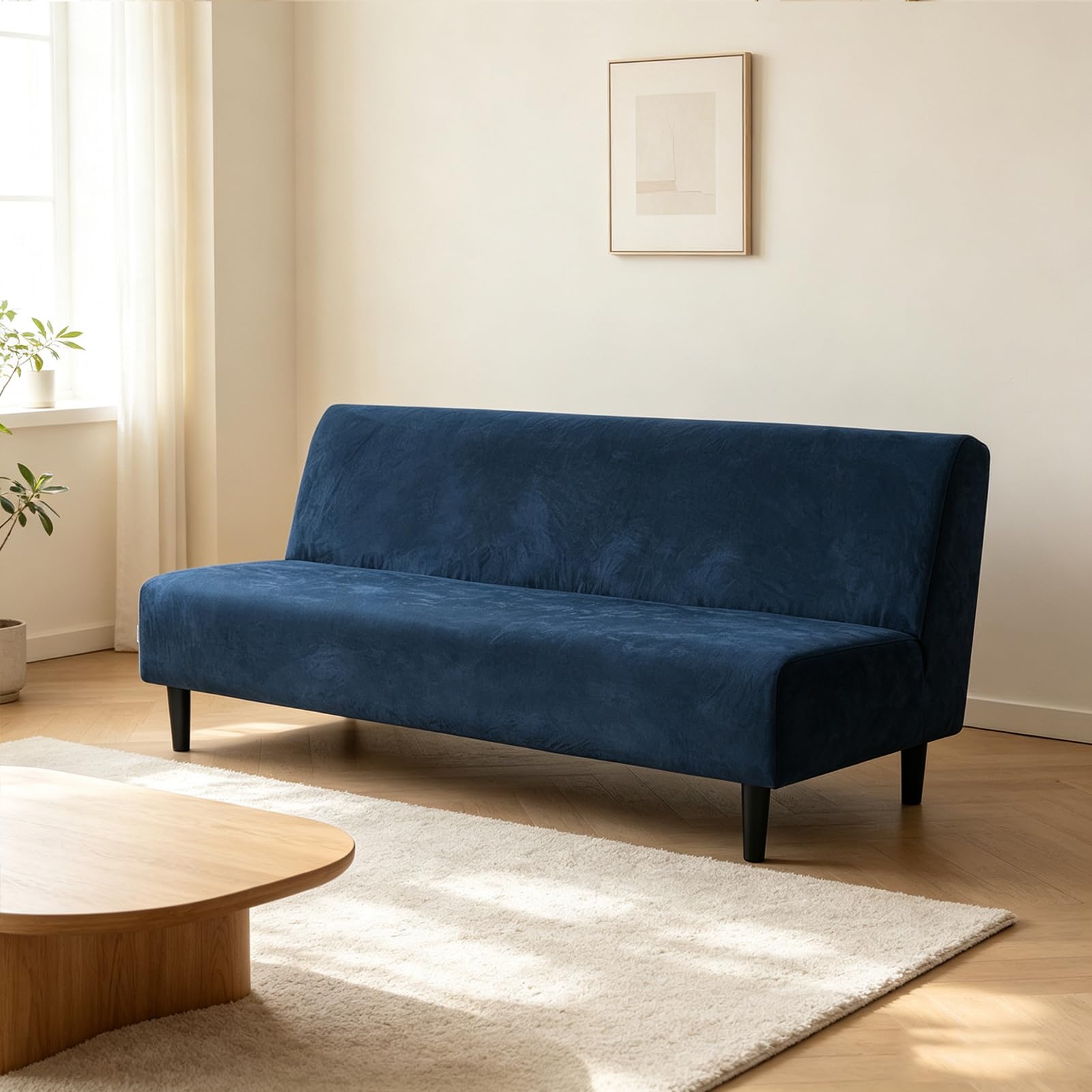 Sofá Cama sin Reposabrazos | Funda Elástica de Terciopelo | Protector Antideslizante y Lavable | con Ajuste Universal y Compatibilidad Plena (Azul Marino)