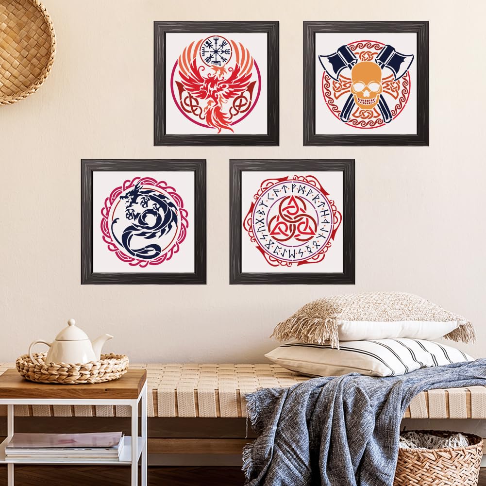 FINGERINSPIRE 4PCS Viking Pattern Stencil Set: 11.8x11.8 inch Viking Dragon, Phoenix, Skull, Knot Stencil for Painting on Wall, Wood, Fabric - Image 4