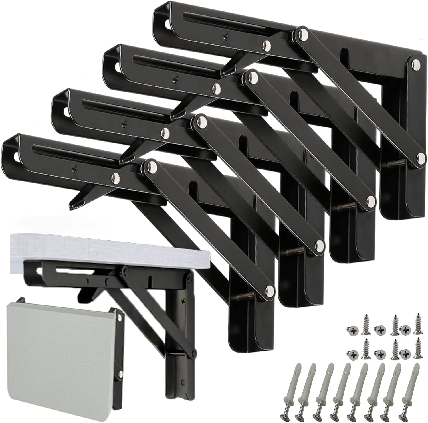 16" Folding Shelf Brackets - 4 Pack Heavy Duty Brackets with 90° Lock Wall Mounted Collapsible Triangle for Floating Shelves/ Fold Down Shelf/ Table/ Bookshelf/ Kitchen - Space Saving DIY Storage