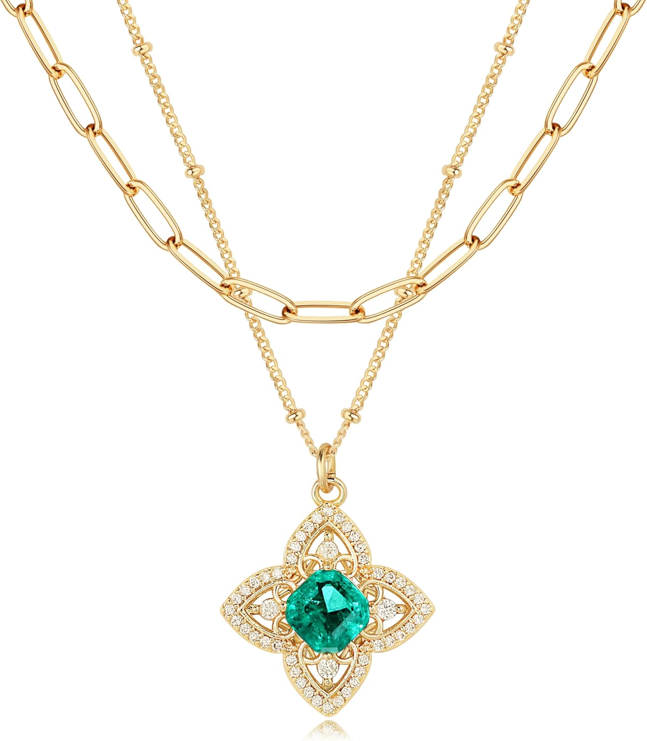 BENEIGE Layered Necklaces for Women 14K Gold Plated Emerald Necklace for Women Dainty Gold Necklace Stack Hypoallergenic Jewelry for Women