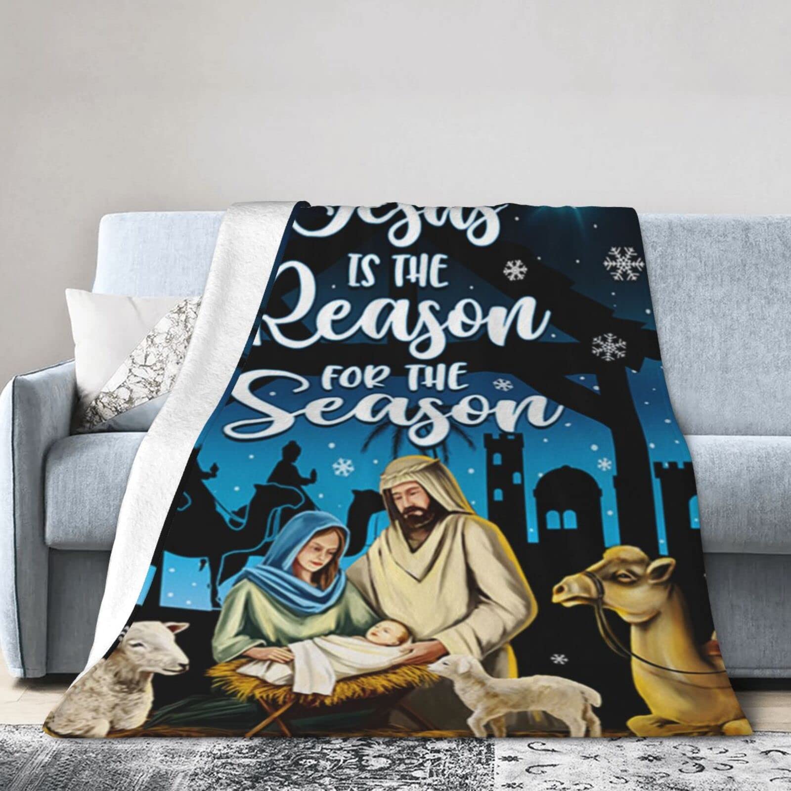 Lsjuee Christmas Flannel Fleece Blanket 80"X60" Jesus Christmas Flag Jesus is The Reason Bed Throw Blanket Funny Ultra-Soft Travel Winter Blankets for Womens Keep Warm