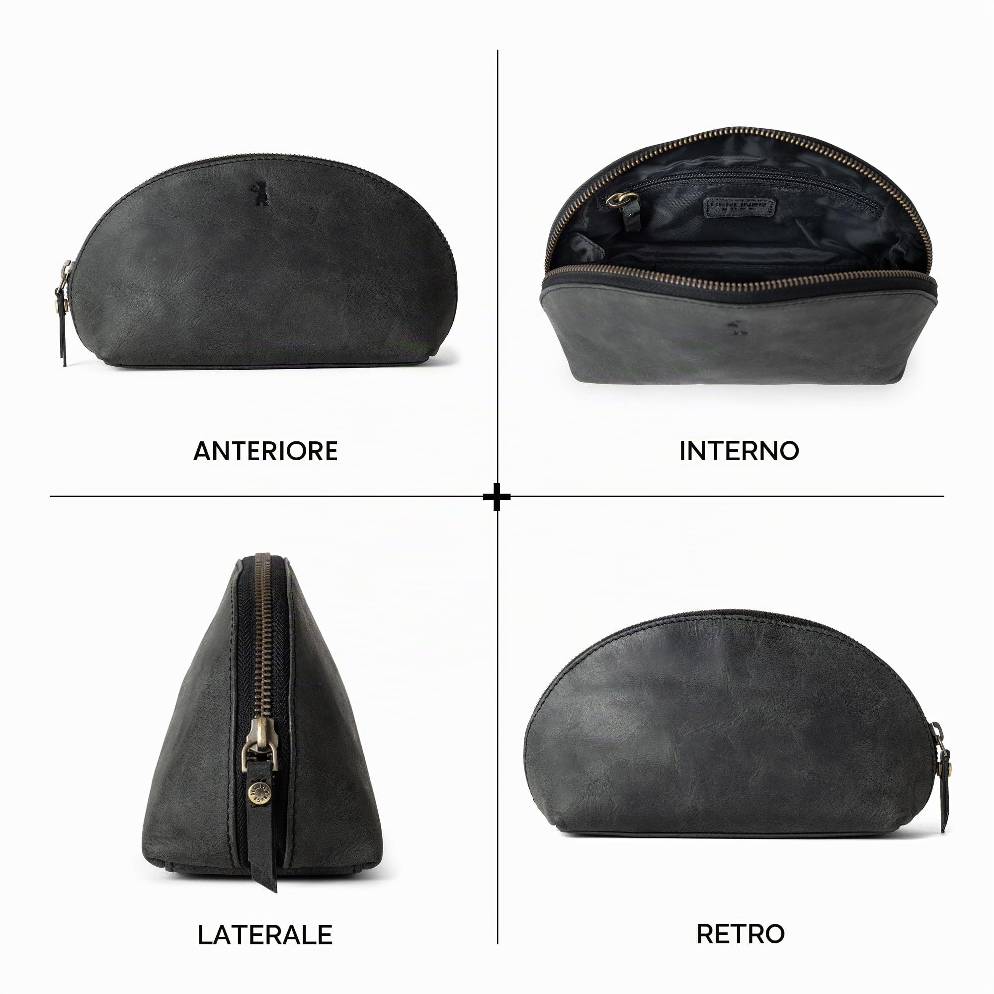 Berliner Bags Vintage Beauty Case Zoe, Trousse in Pelle con Cerniera per Trucchi Oggetti Viaggi, Borsetta per Donna - Grigio Scuro