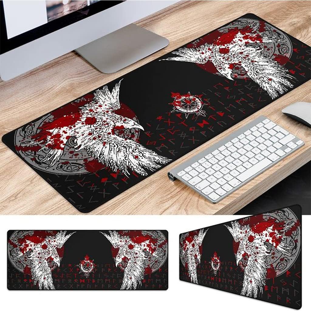 Viking Raven Rune Vegvisir Mouse Mat, 3D Print Tattoo Big Extended Desk Game Keyboard Pad with Non-Slip Base and Stitched Edge for Office & Home,Red,27.6" x 11.8"