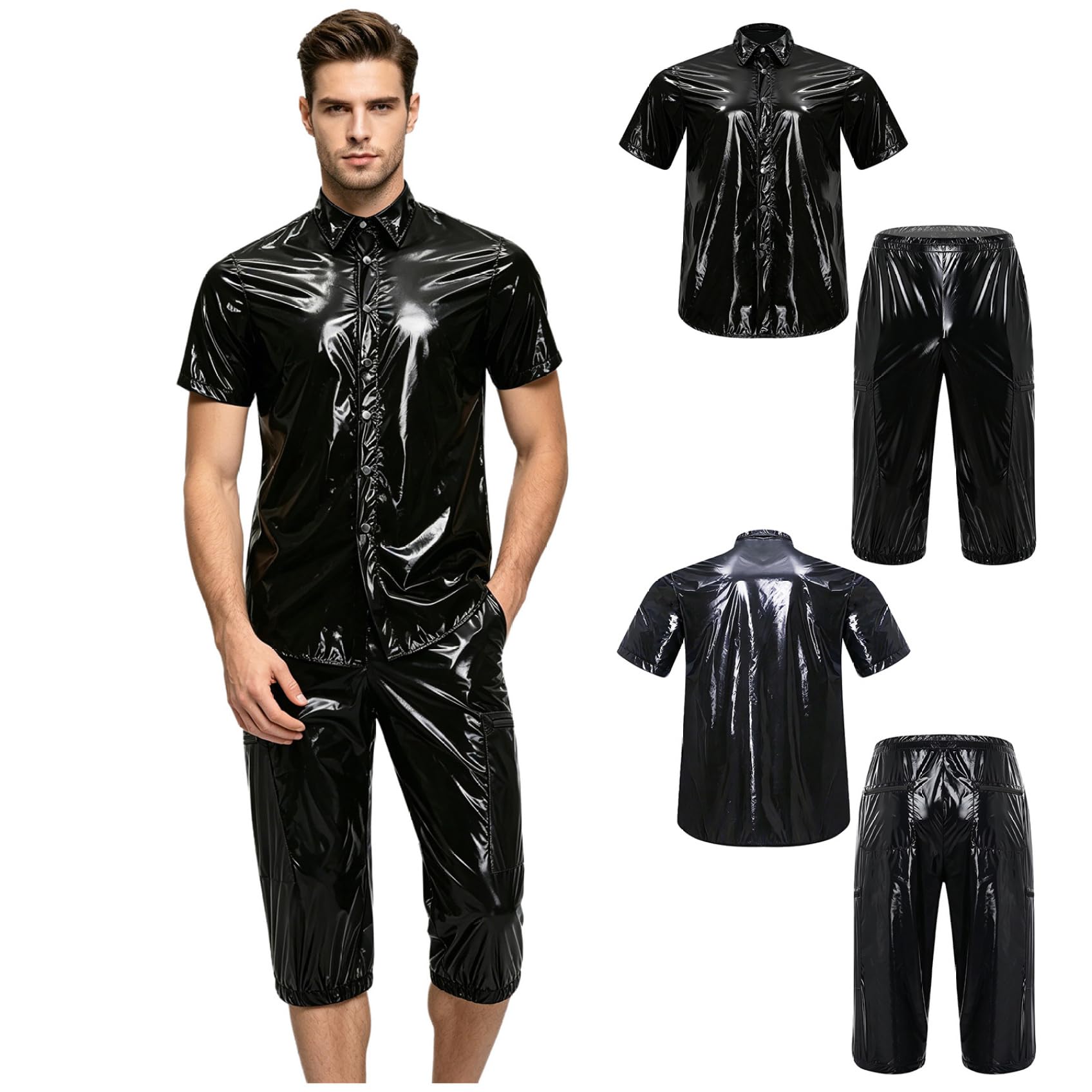 Uomo Look Wetlook Abito Due Pezzi Camicia E Pantaloni Corti Party Discoteca Outfit Nero 3XL