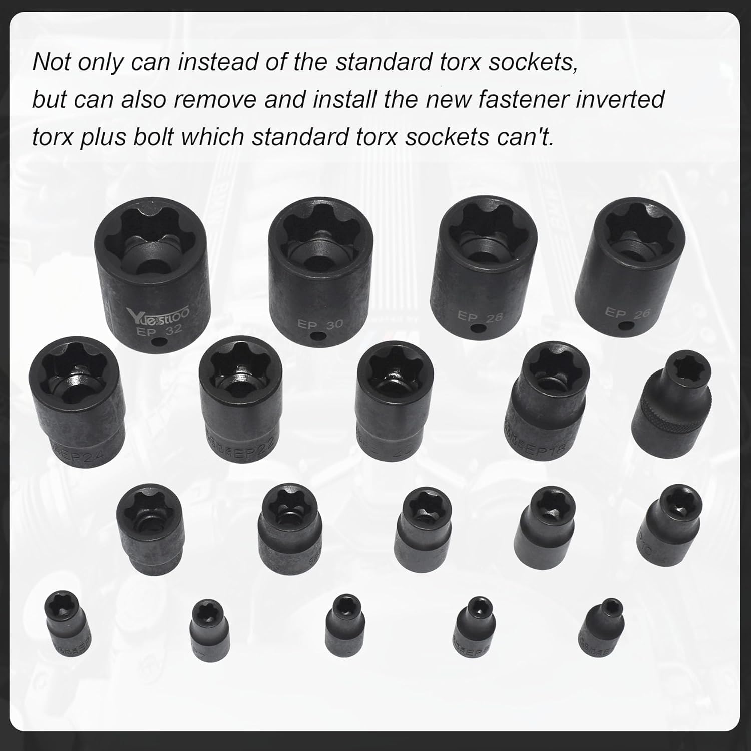 Torx Plus Socket Set, External Torx Plus 6 Point EP Socket EP4 - EP32 19Pcs With 1/2'' 3/8'' 1/4'' Dr, Replacement for E-TORX Socket Set, Works with Most Cars and Tesla