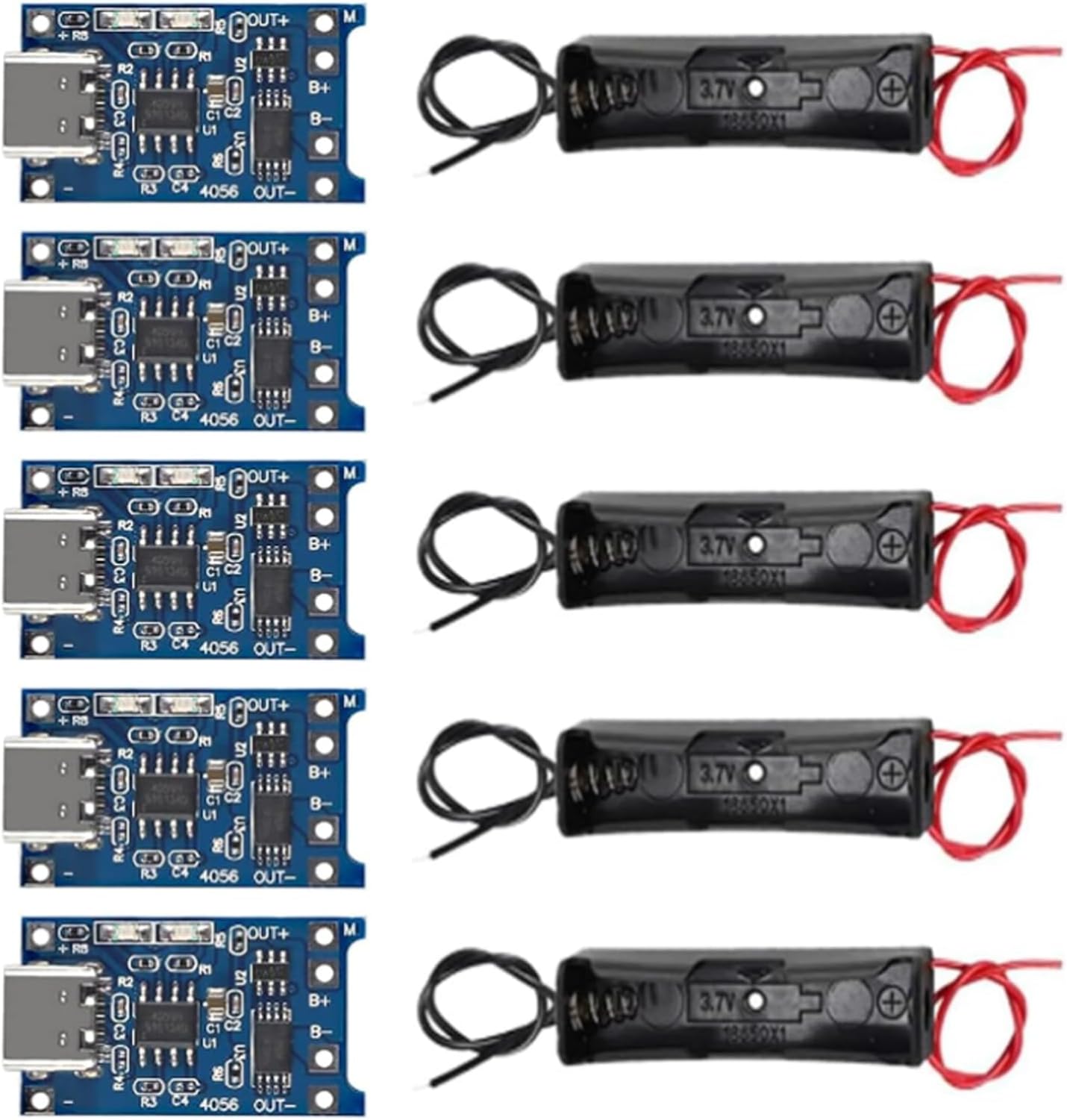 5pcs TP4056 Type-C USB 5V 1A 18650 Lithium Battery Charger Module with Dual Protection Function + 5pcs 18650 Battery Holder