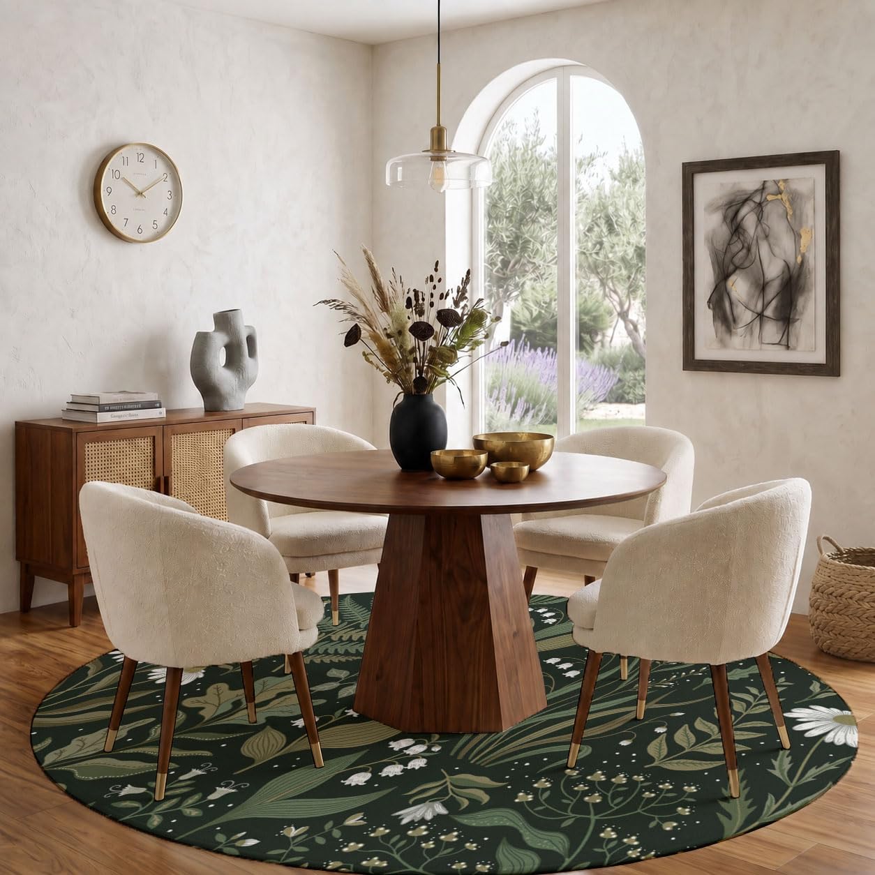 Tappeto Salotto Rotondo Grande Pelo Corto, Piante E Fiori Retrò Grandi Antiscivolo Tondo Moquette,Felci Margherite Bambini Camera,Domestica Decor Tappeti (Ø 120 cm,Verde Scuro)