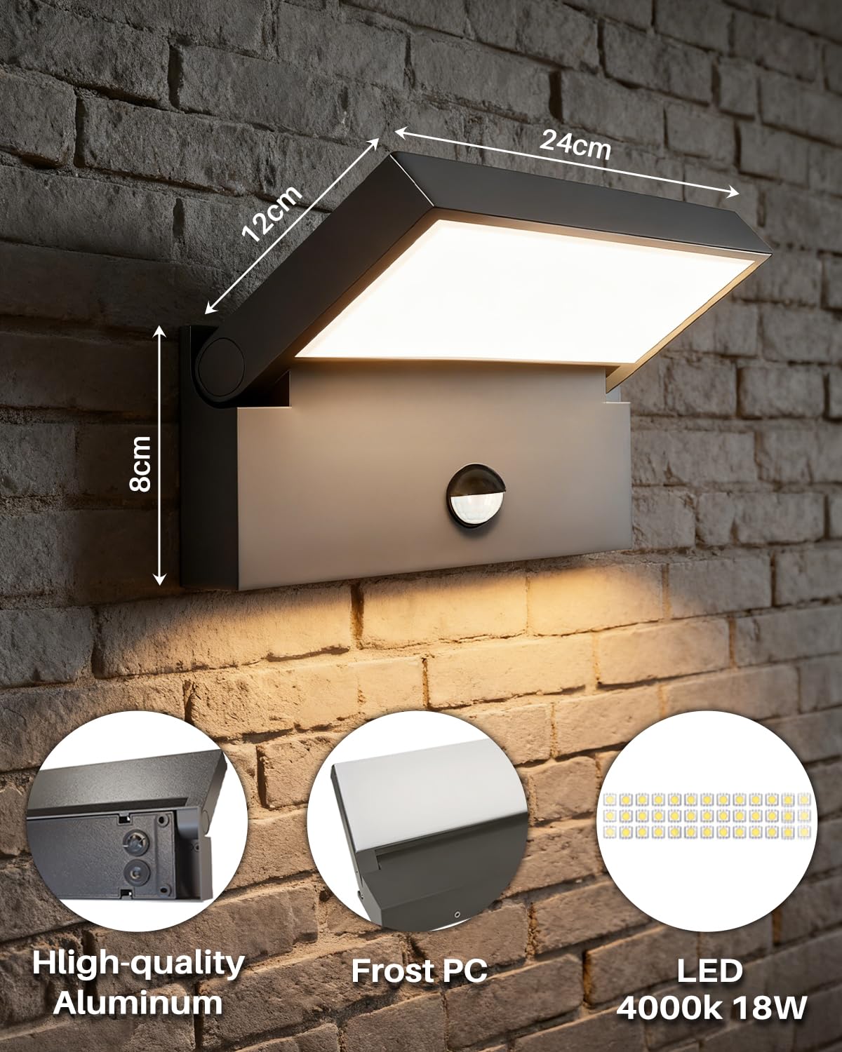 EBION LED AußEnlampe mit Bewegungsmelder Aussenlampe Wand Mit 90°Schwenkbar Panel, Moderne Wandleuchten Aussen, AußEnwandleuchten AußEnleuchtn Wandleuchte IP65 Aluminiumguss