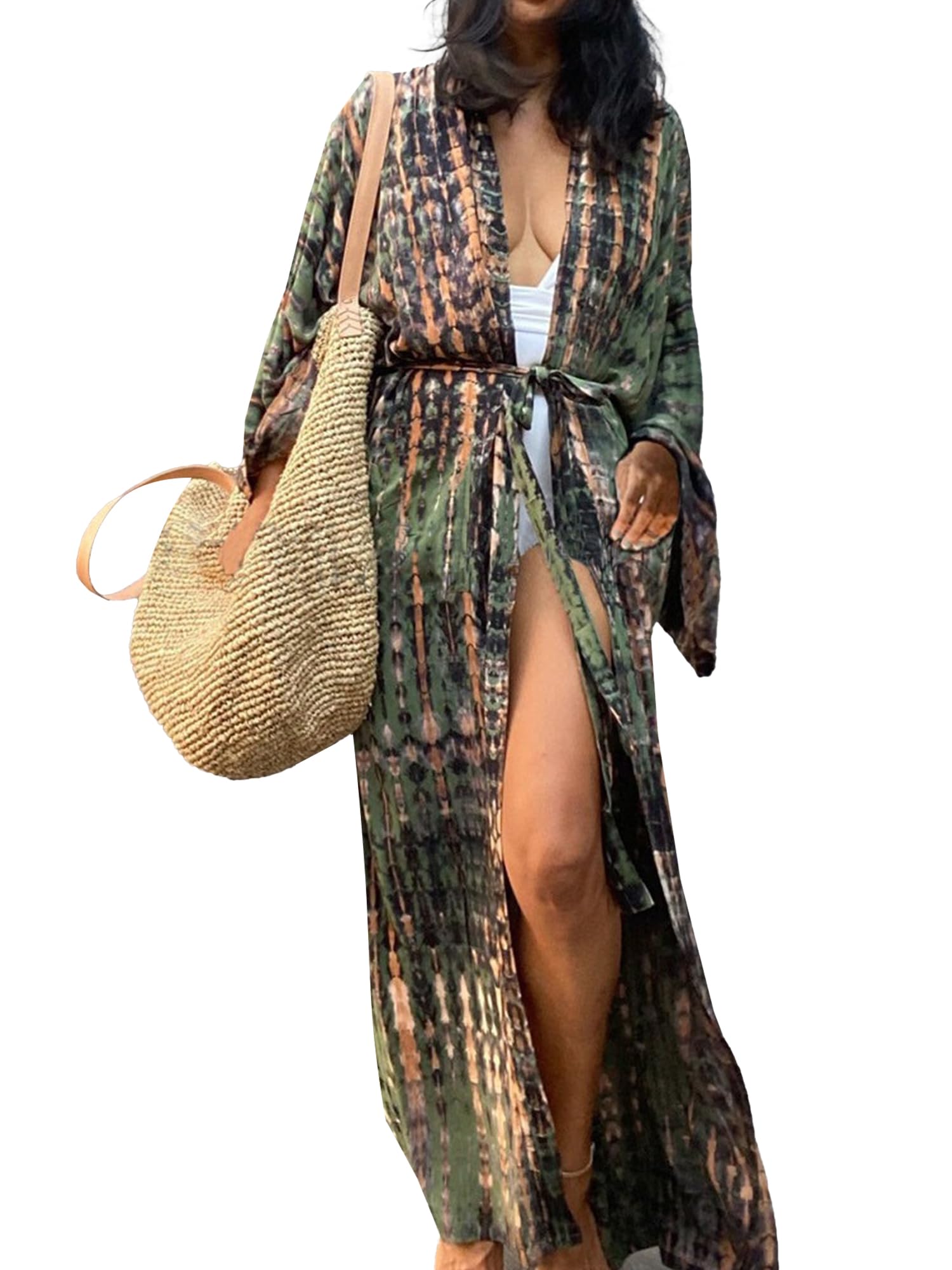 Moss Rose Cárdigan tipo kimono de verano para mujer, estilo caftán, abierto, para playa, vacaciones, con cinturón
