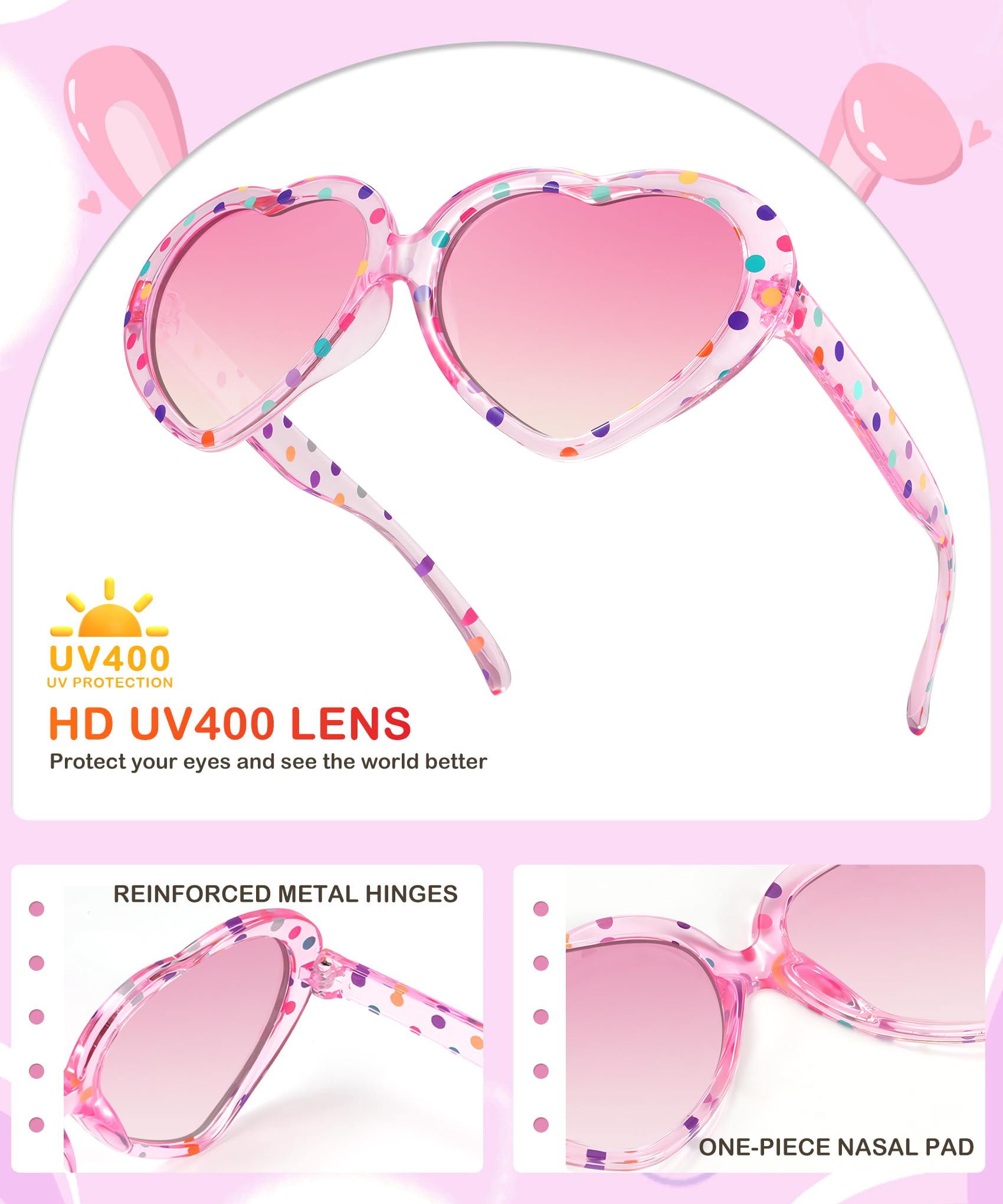 NSSIW Lentes de sol polarizados para niños con forma de corazón: lentes de sol para niños pequeños con protección UV para niñas, jóvenes, niños, paquete de 3 a 12 años